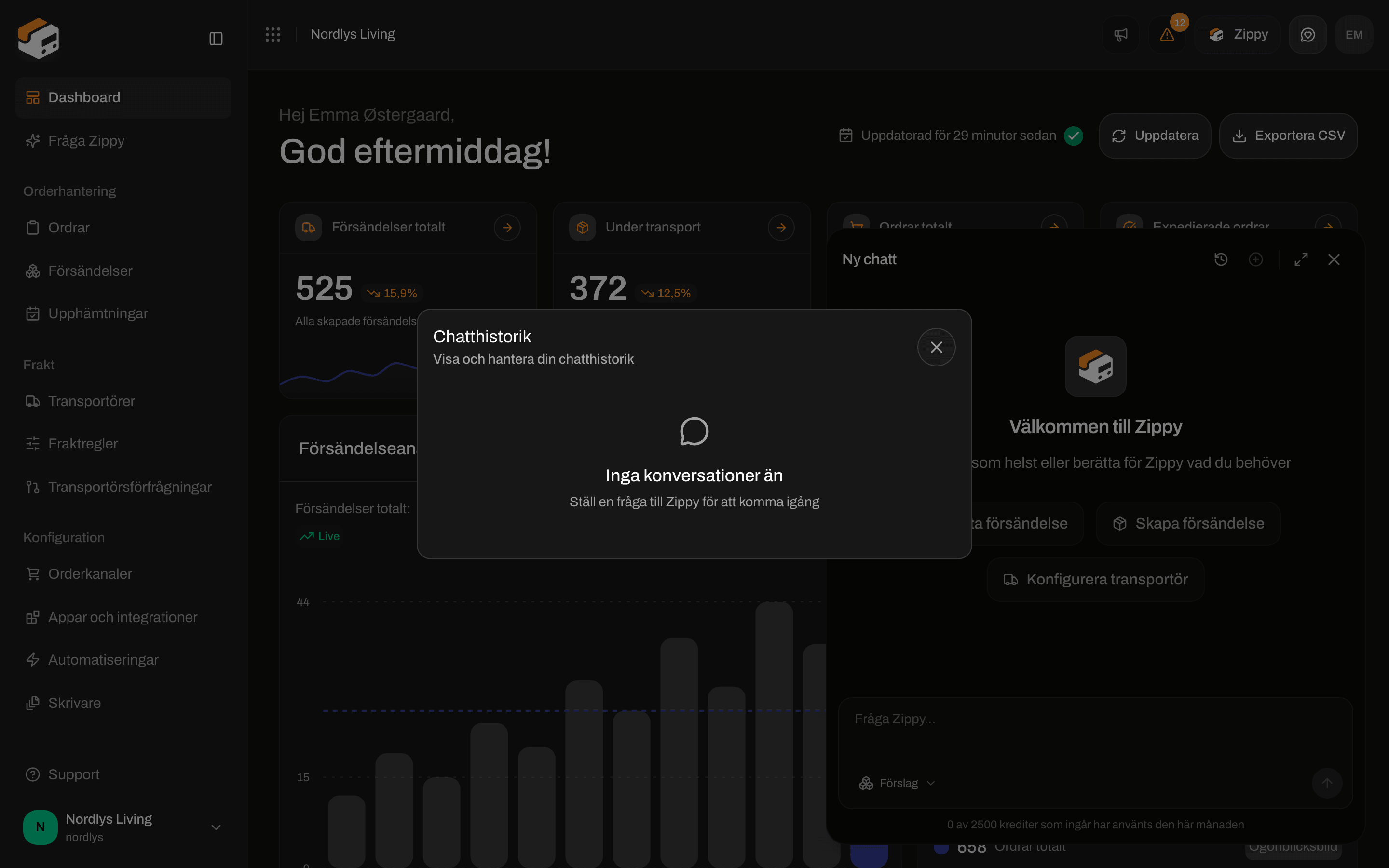 Chatthistorik som visar Inga konversationer än och Ställ en fråga till Zippy för att komma igång