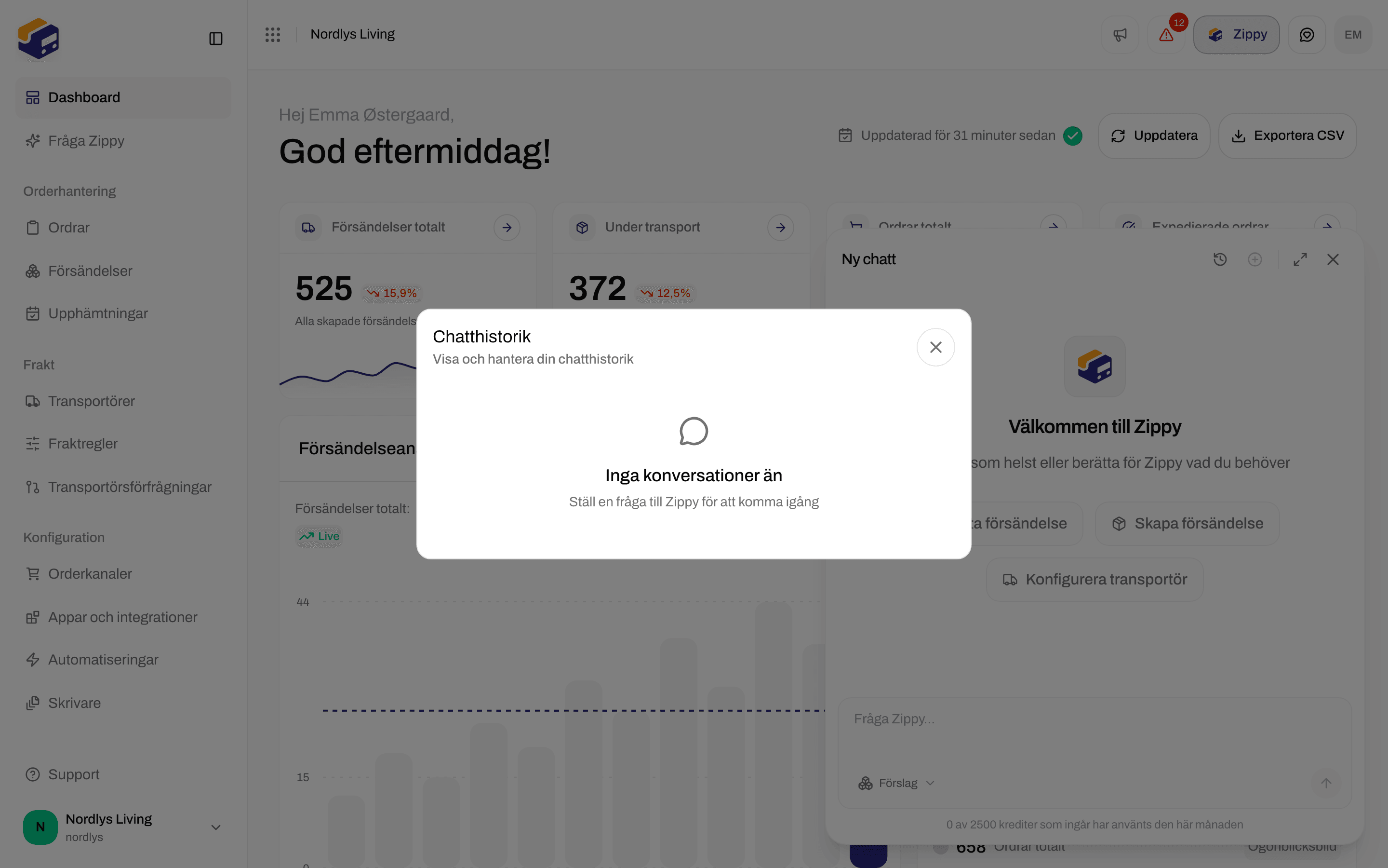 Chatthistorik som visar Inga konversationer än och Ställ en fråga till Zippy för att komma igång