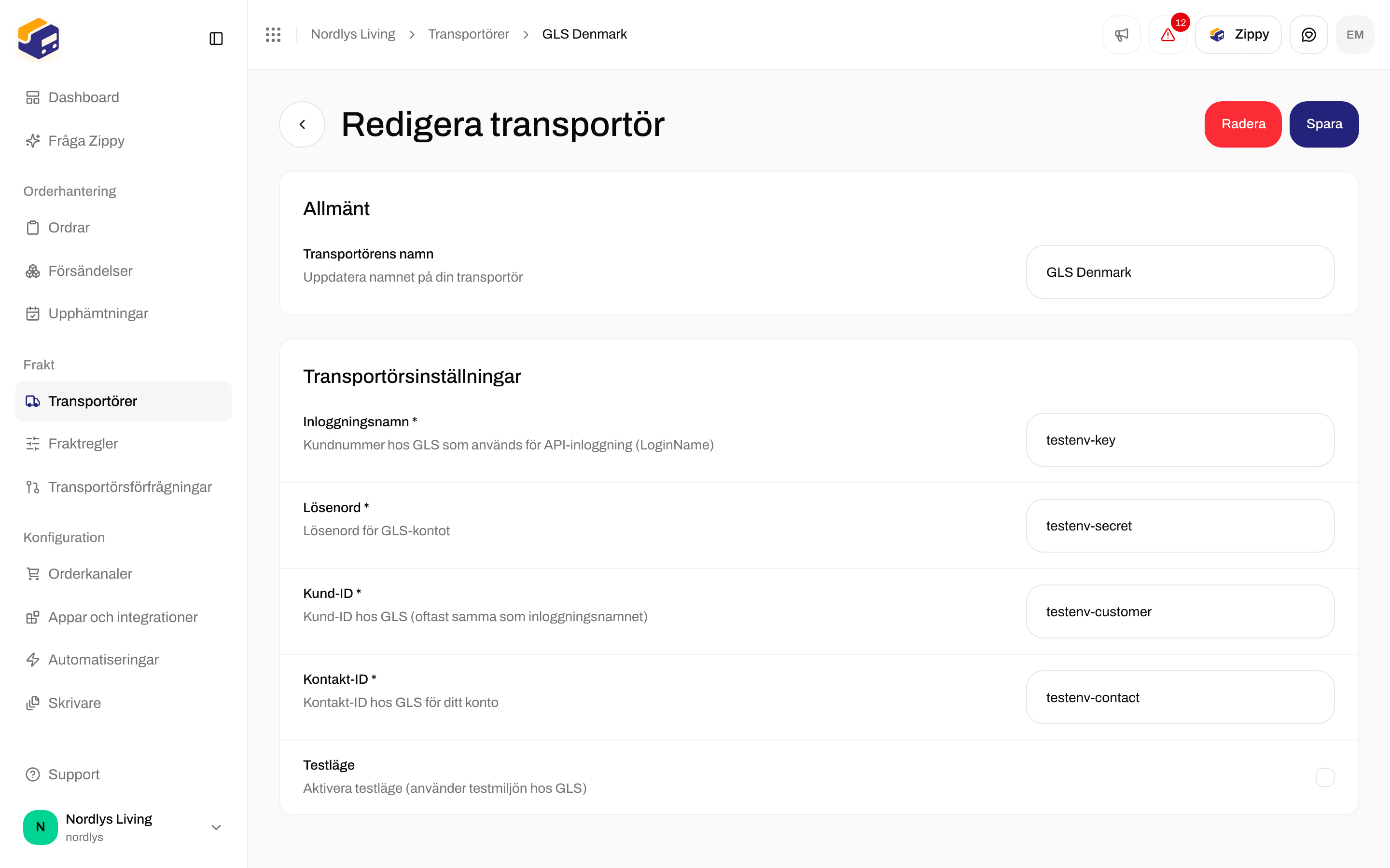 Redigera transportör för GLS Denmark med Login name, Lösenord, Customer ID, Contact ID och Testläge