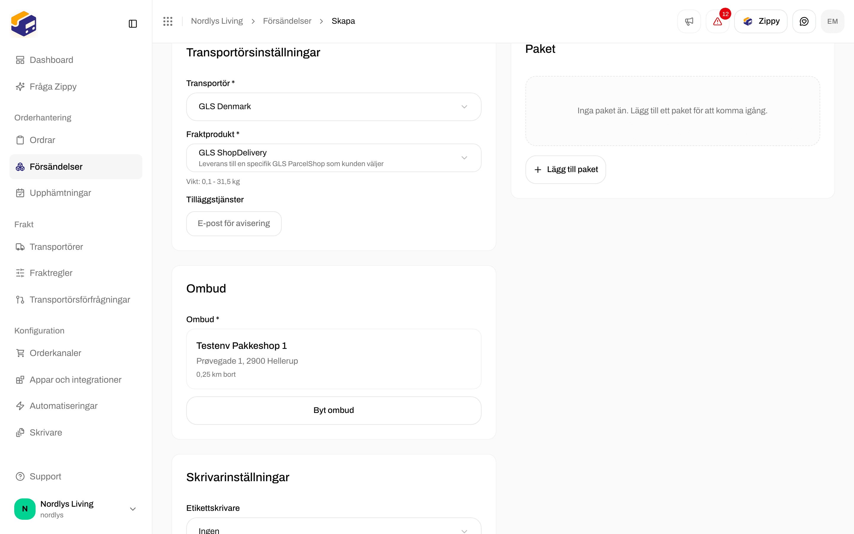 Skapa försändelse med GLS ShopDelivery och avsnittet Ombud som visar det valda ombudet och en knapp Byt ombud