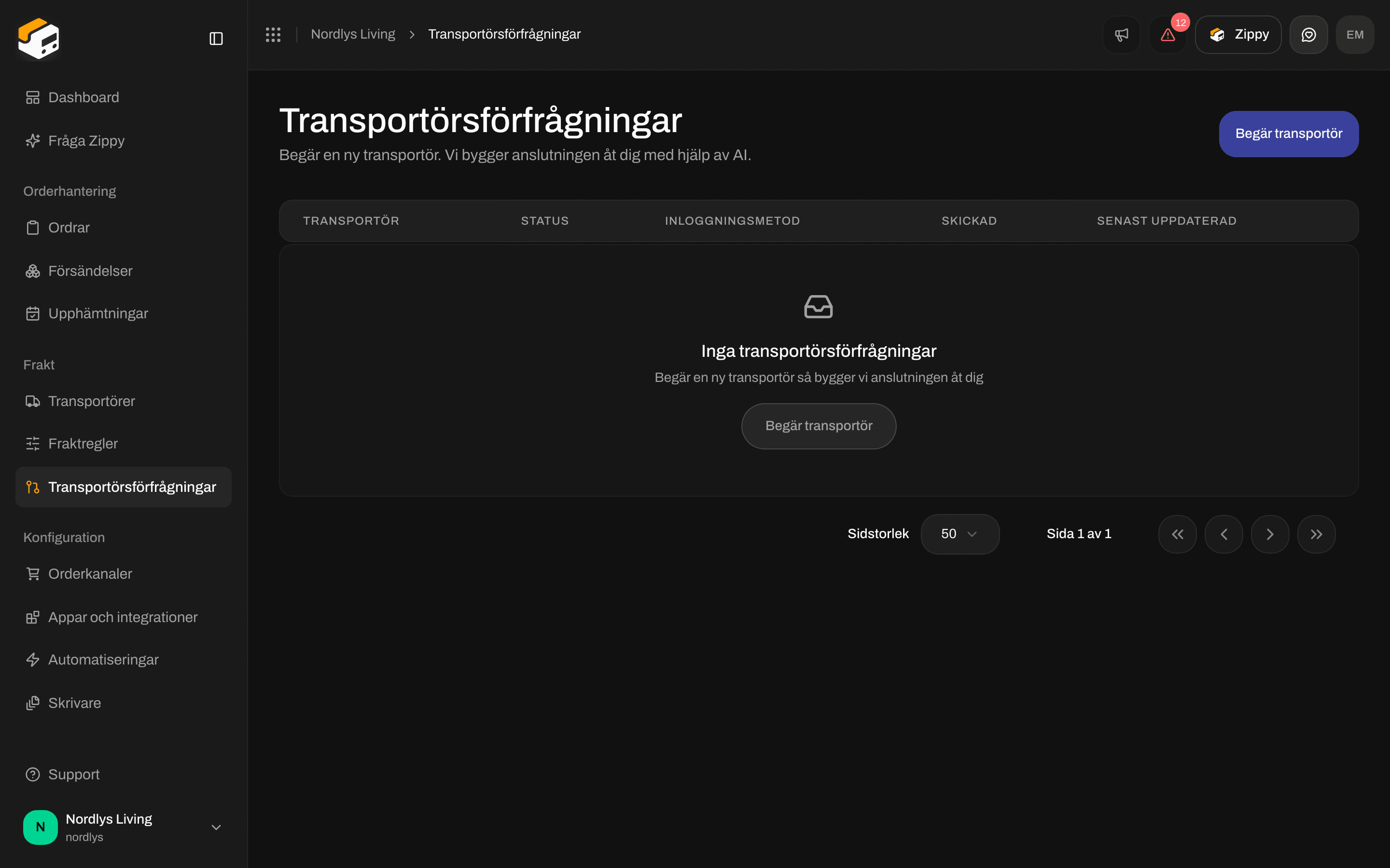 Sidan Transportörsförfrågningar utan några förfrågningar än och knappen Begär transportör