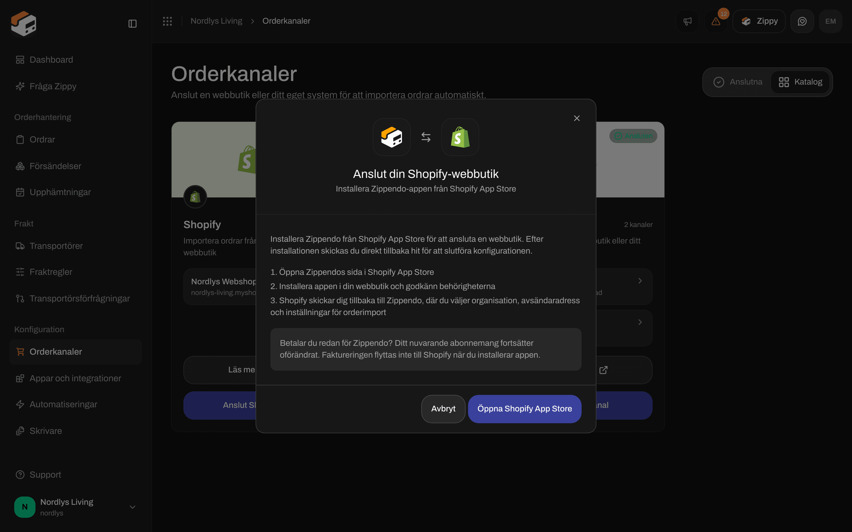 Fönstret Anslut din Shopify-webbutik med knappen Open Shopify App Store