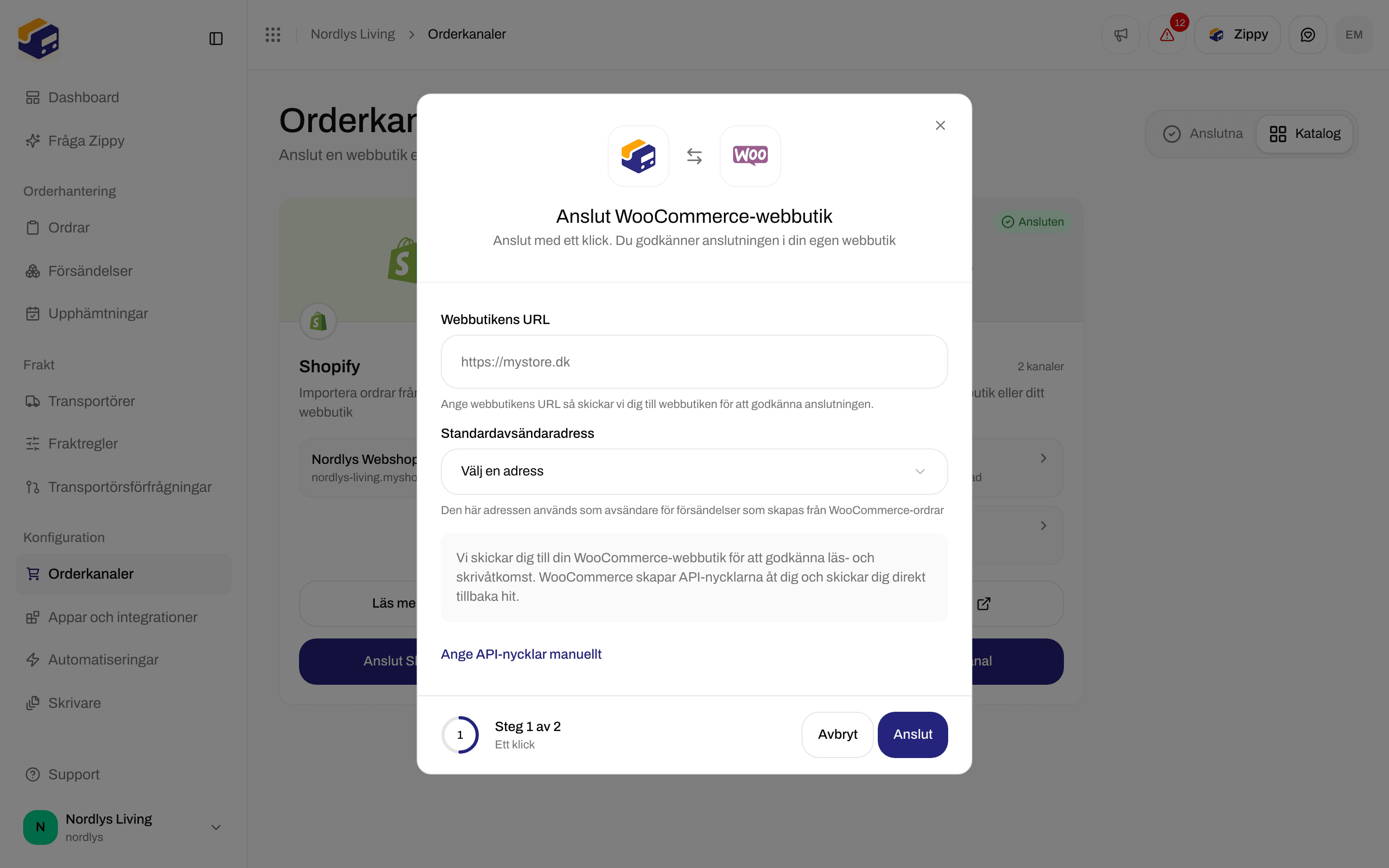 Fönstret Anslut WooCommerce-webbutik med Webbutikens URL, Standardavsändaradress och Anslut