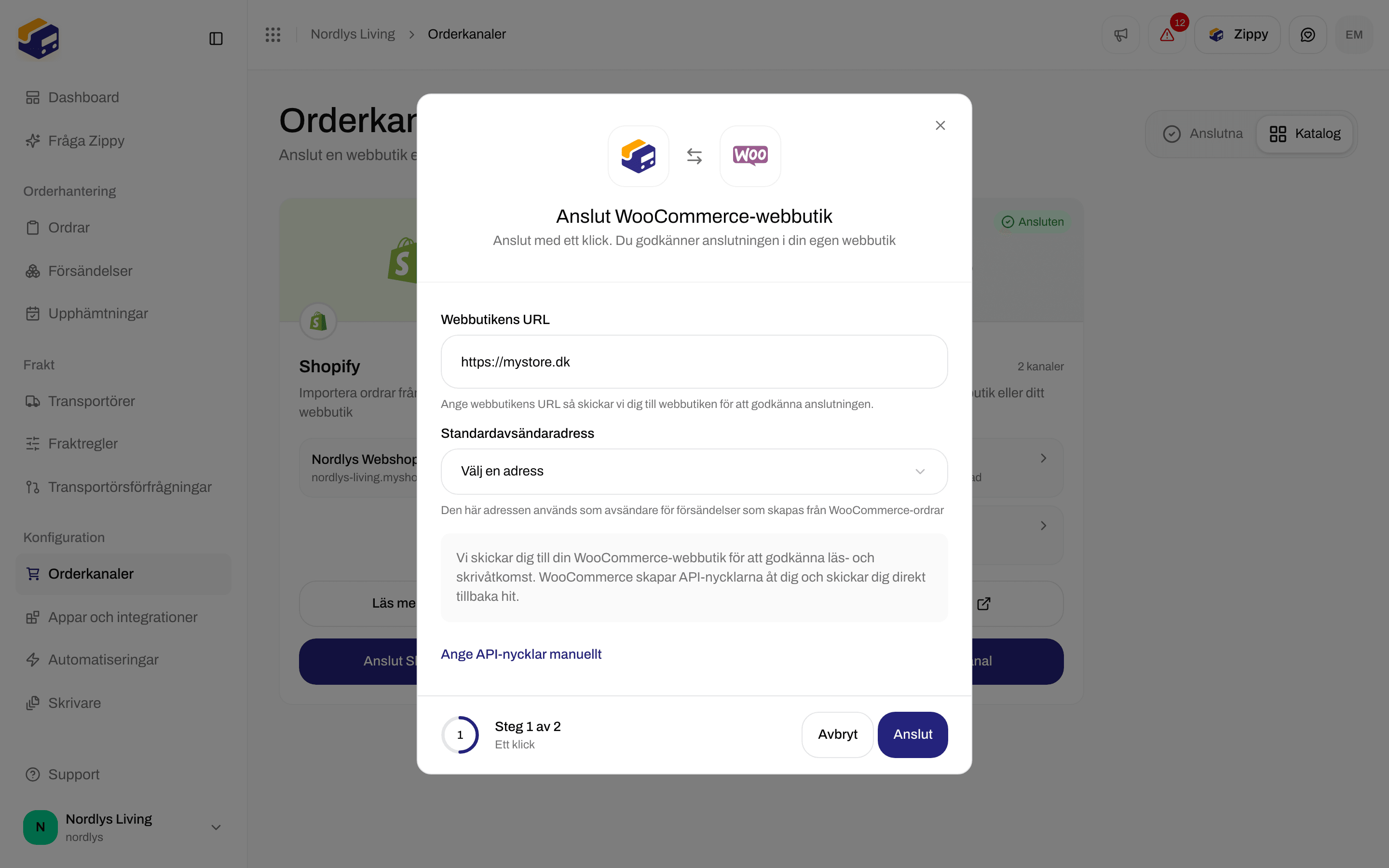 Fönstret Anslut WooCommerce-webbutik med Webbutikens URL, Standardavsändaradress och Anslut