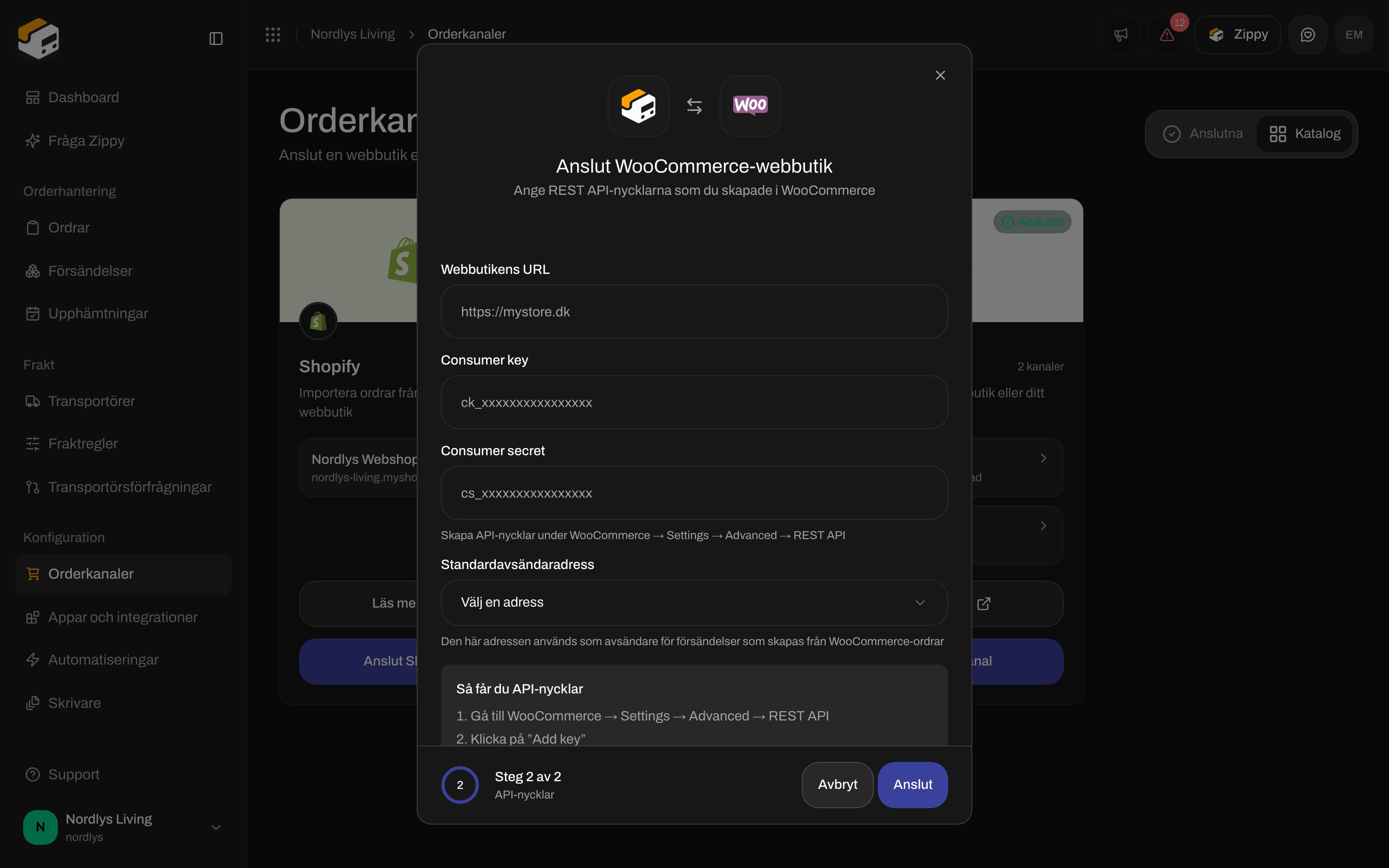 Fönstret Anslut WooCommerce-webbutik på steget API-nycklar