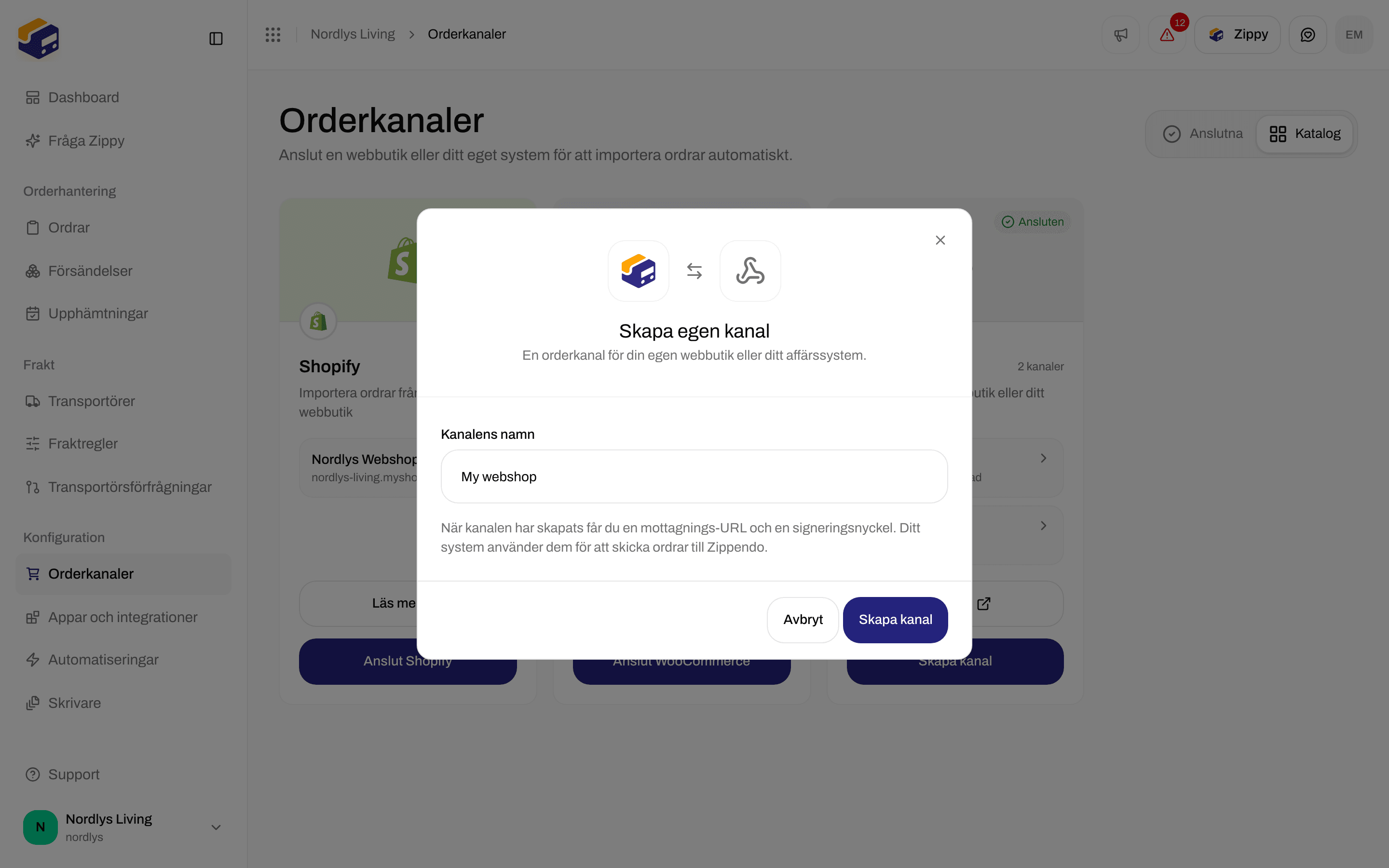 Fönstret Skapa egen kanal med Kanalens namn My webshop