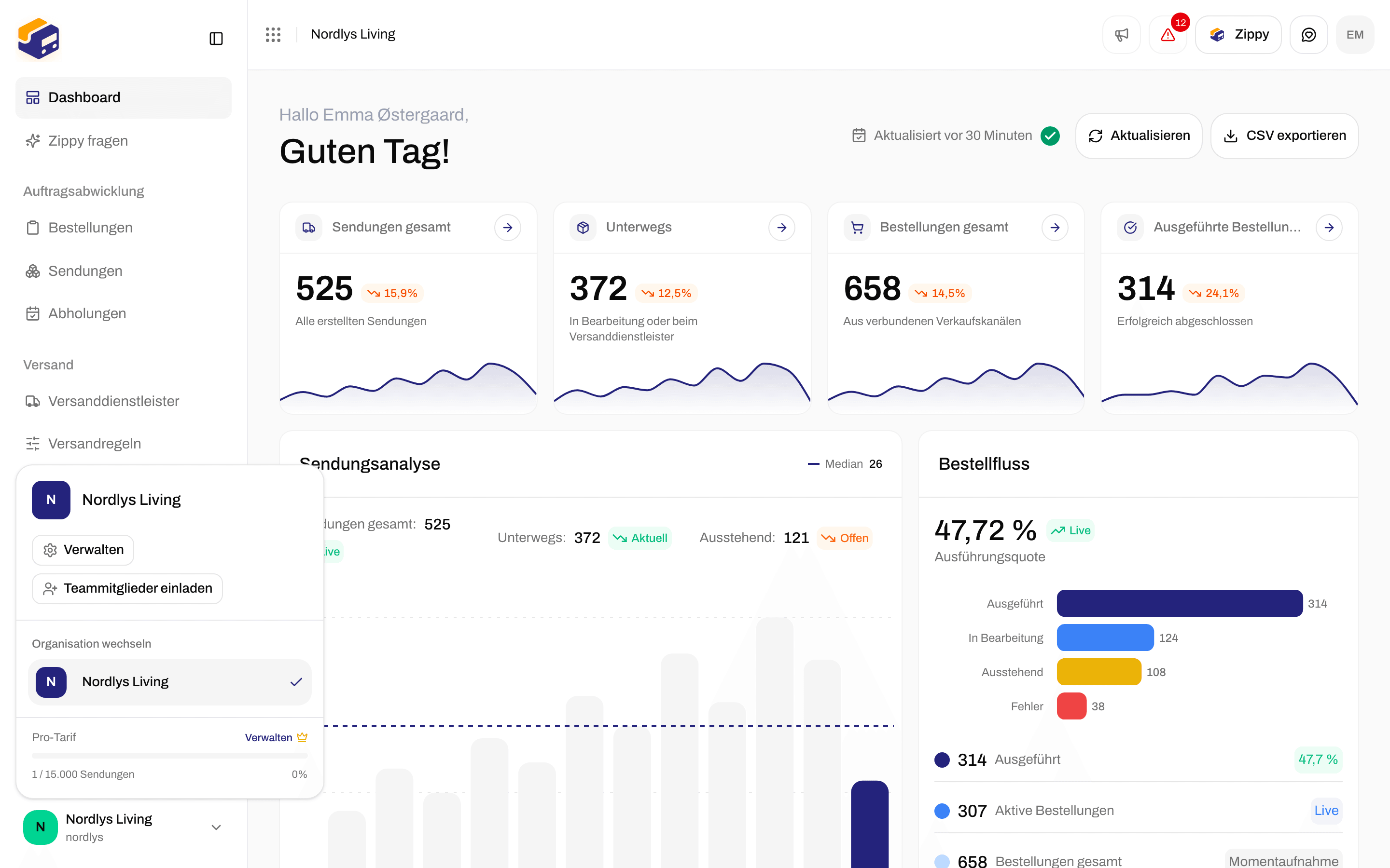 Menü der Organisationsauswahl mit Verwalten, Teammitglieder einladen, der Liste Organisation wechseln, dem Tarifnamen und der Sendungsnutzung