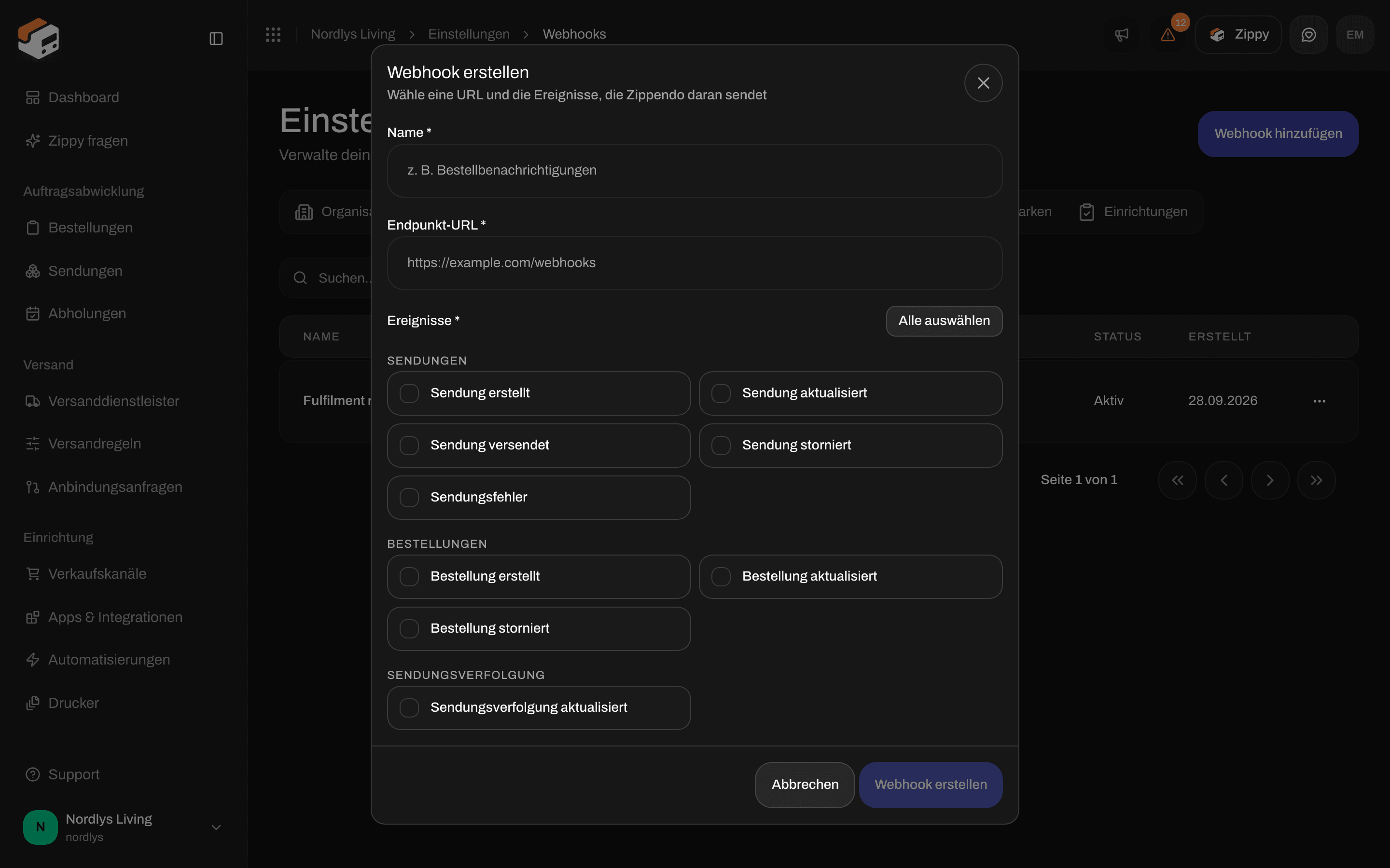 Fenster Webhook erstellen, gescrollt zur Gruppe Sendungsverfolgung mit dem Ereignis Sendungsverfolgung aktualisiert