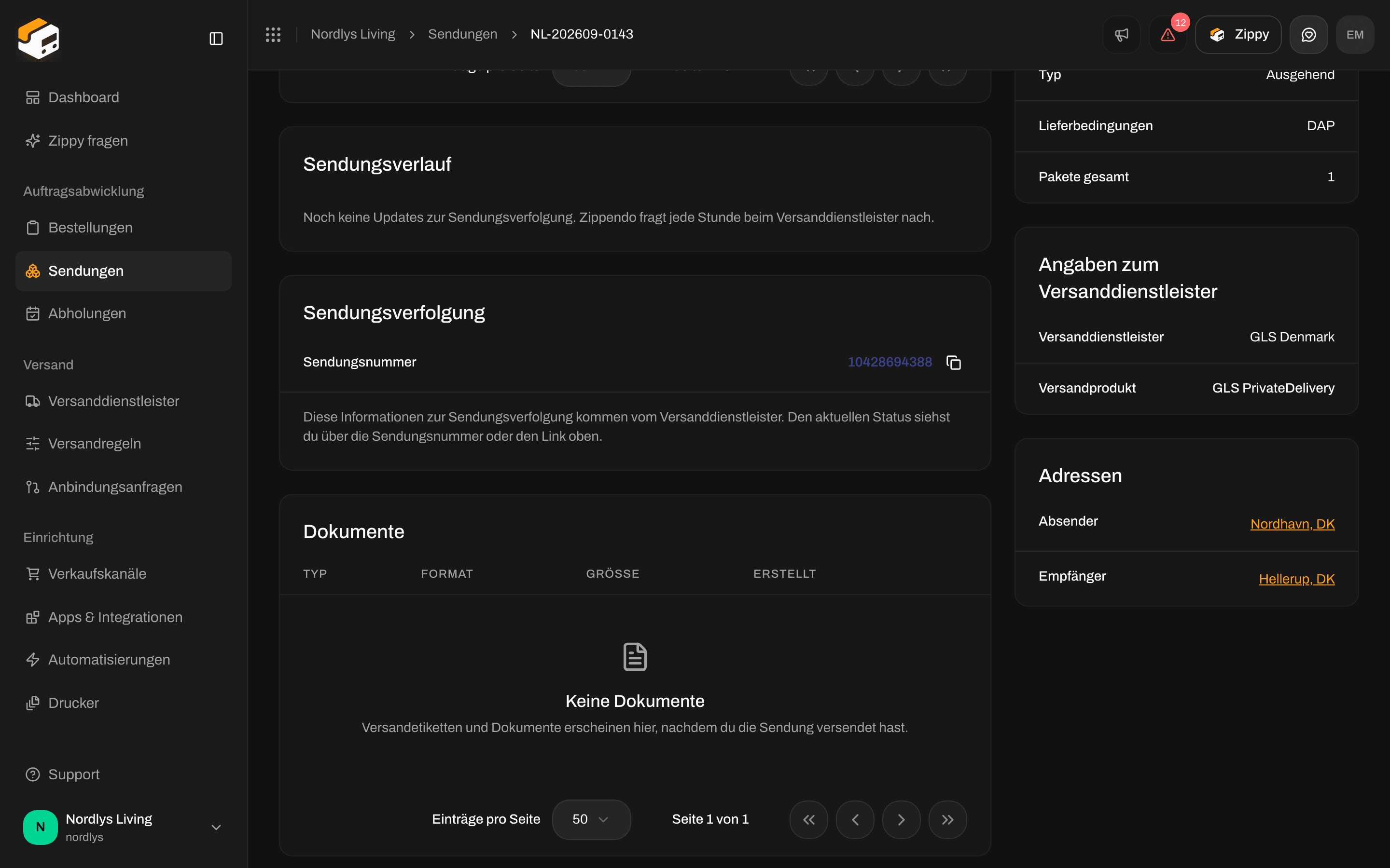 Karte Sendungsverlauf mit dem Hinweis, dass es noch keine Updates zur Sendungsverfolgung gibt