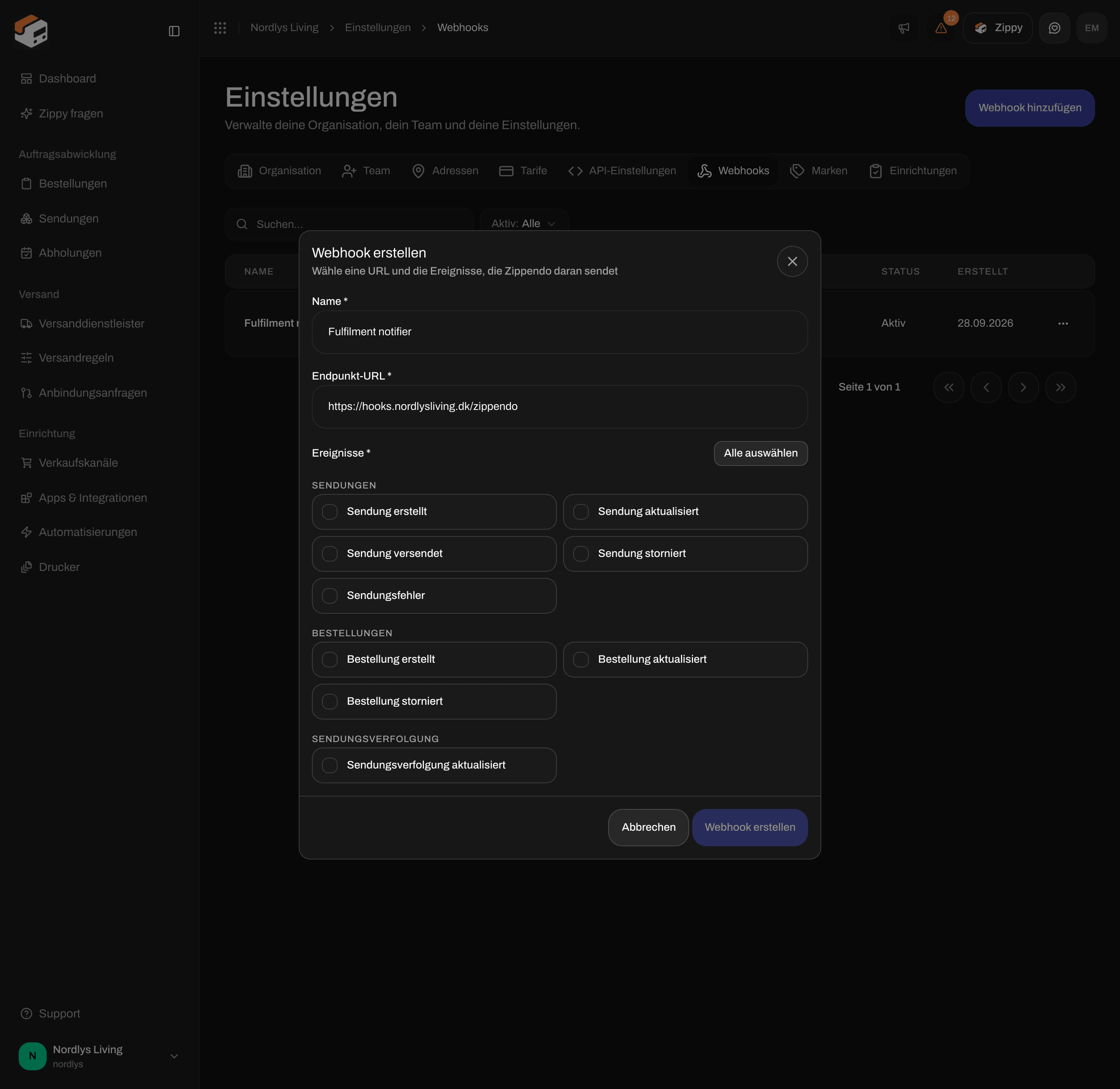 Fenster Webhook erstellen mit Name, Endpunkt-URL, Alle auswählen und den Kontrollkästchen für Ereignisse zu Sendungen