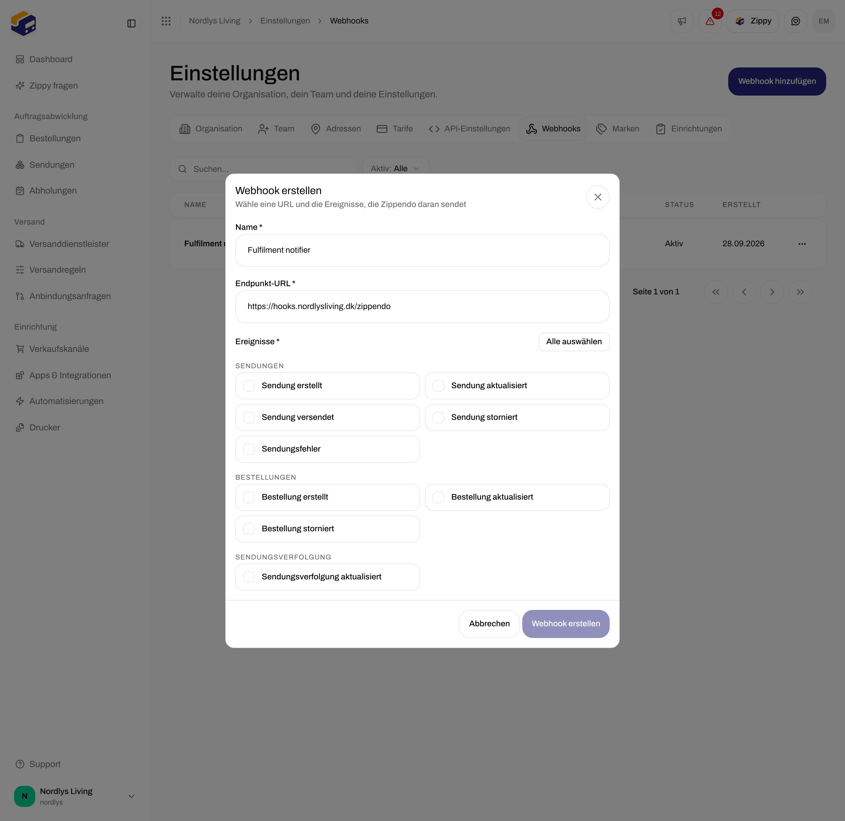Fenster Webhook erstellen mit Name, Endpunkt-URL, Alle auswählen und den Kontrollkästchen für Ereignisse zu Sendungen