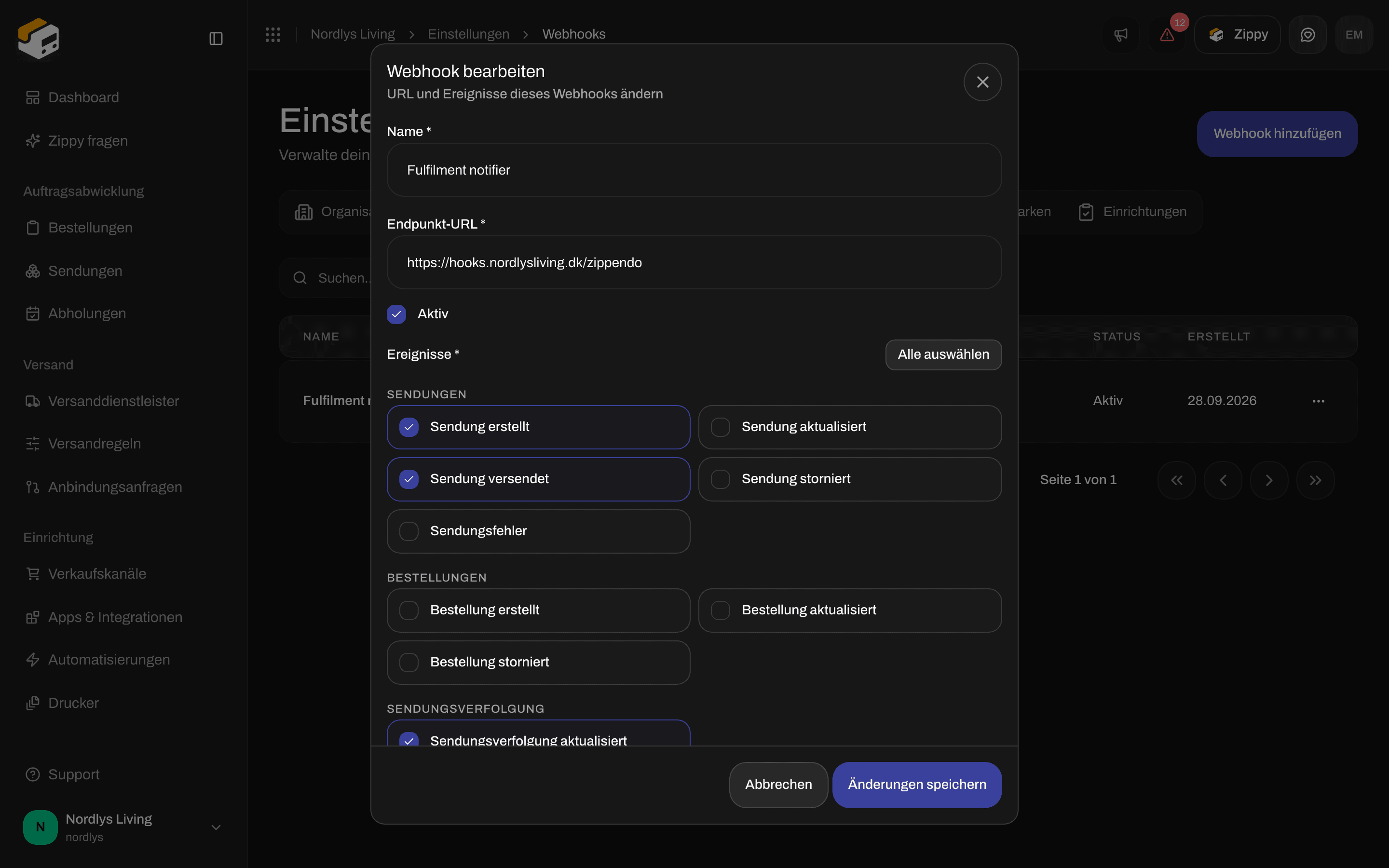 Fenster Webhook bearbeiten mit Name, Endpunkt-URL, einem Kontrollkästchen Aktiv und den Ereignissen