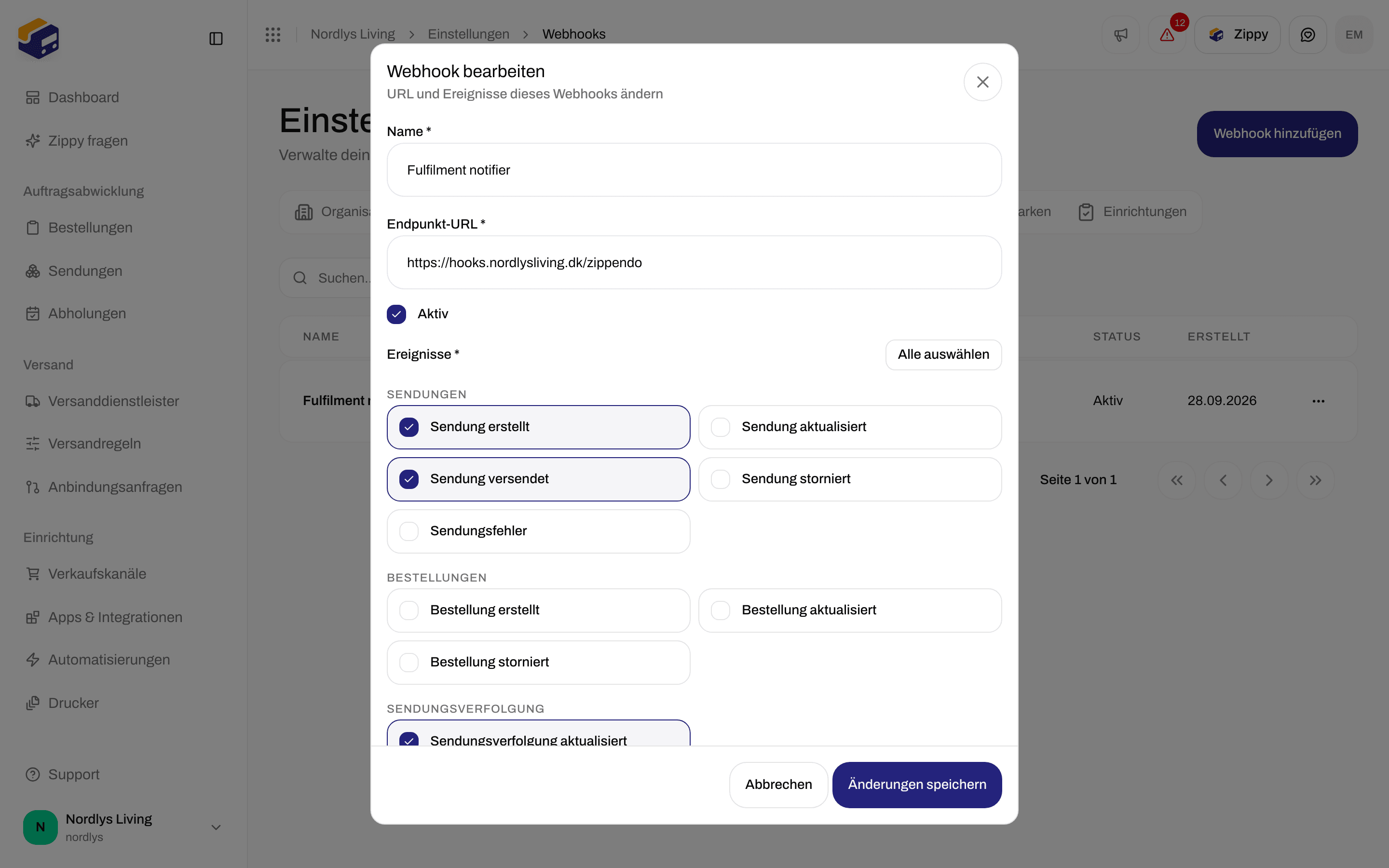 Fenster Webhook bearbeiten mit Name, Endpunkt-URL, einem Kontrollkästchen Aktiv und den Ereignissen