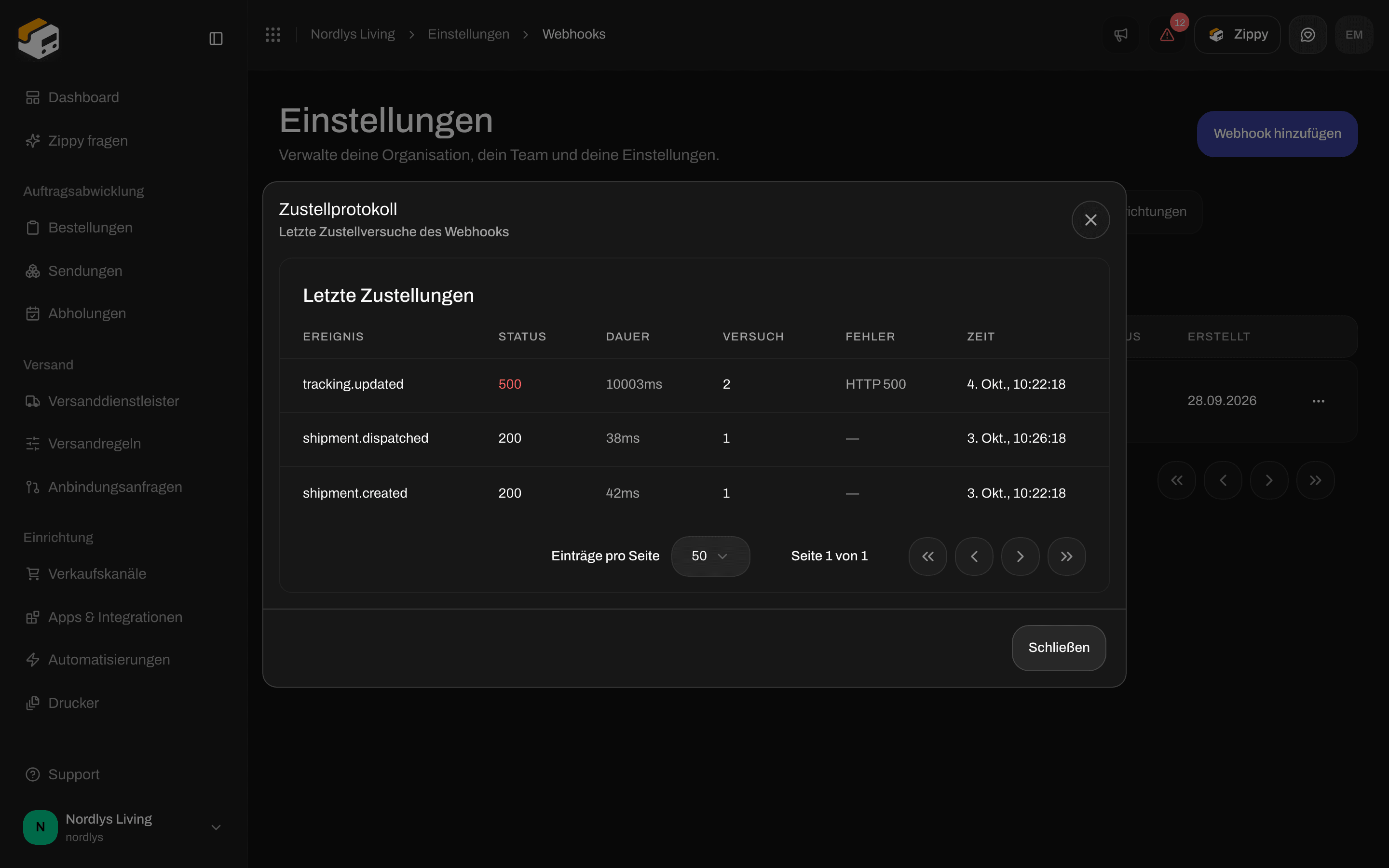 Zustellprotokoll mit Ereignisnamen, Antwortstatus, Dauer, Versuch und Zeit
