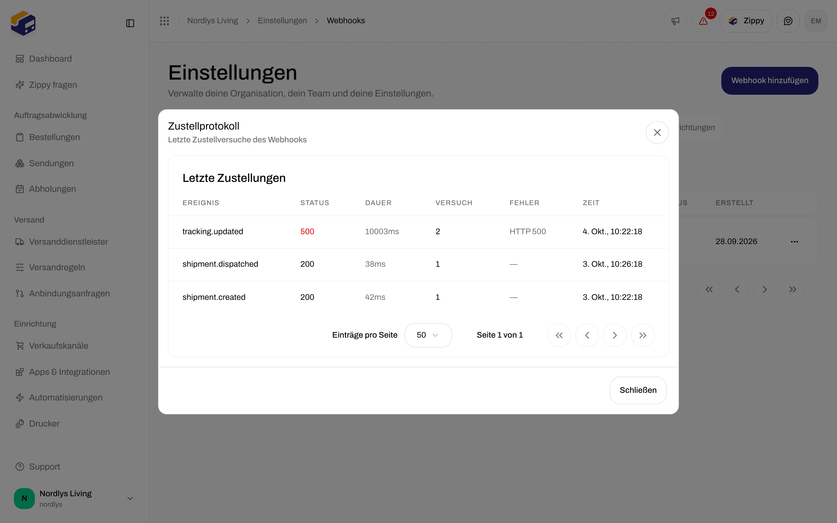 Zustellprotokoll mit Ereignisnamen, Antwortstatus, Dauer, Versuch und Zeit