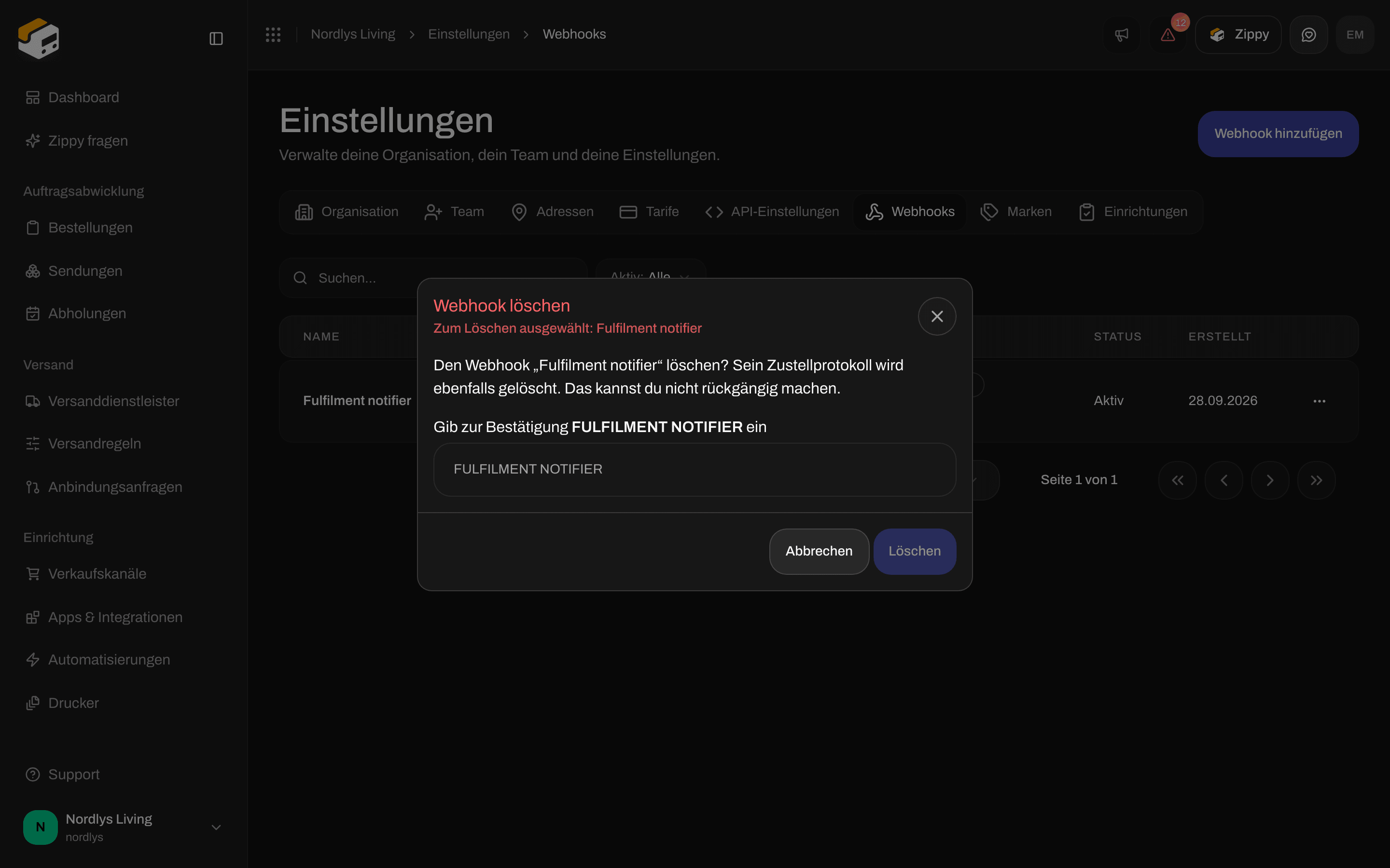 Fenster Webhook löschen mit einem Feld, in das du den Namen zur Bestätigung eingibst