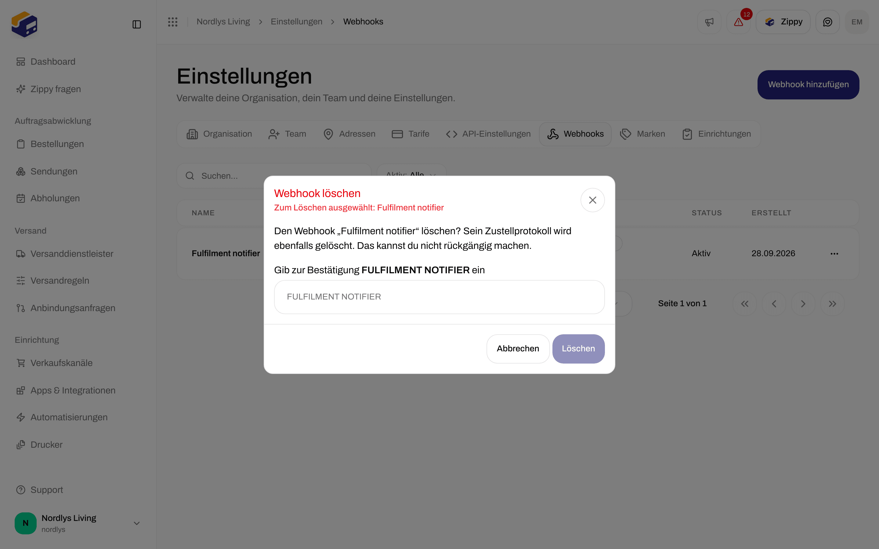 Fenster Webhook löschen mit einem Feld, in das du den Namen zur Bestätigung eingibst