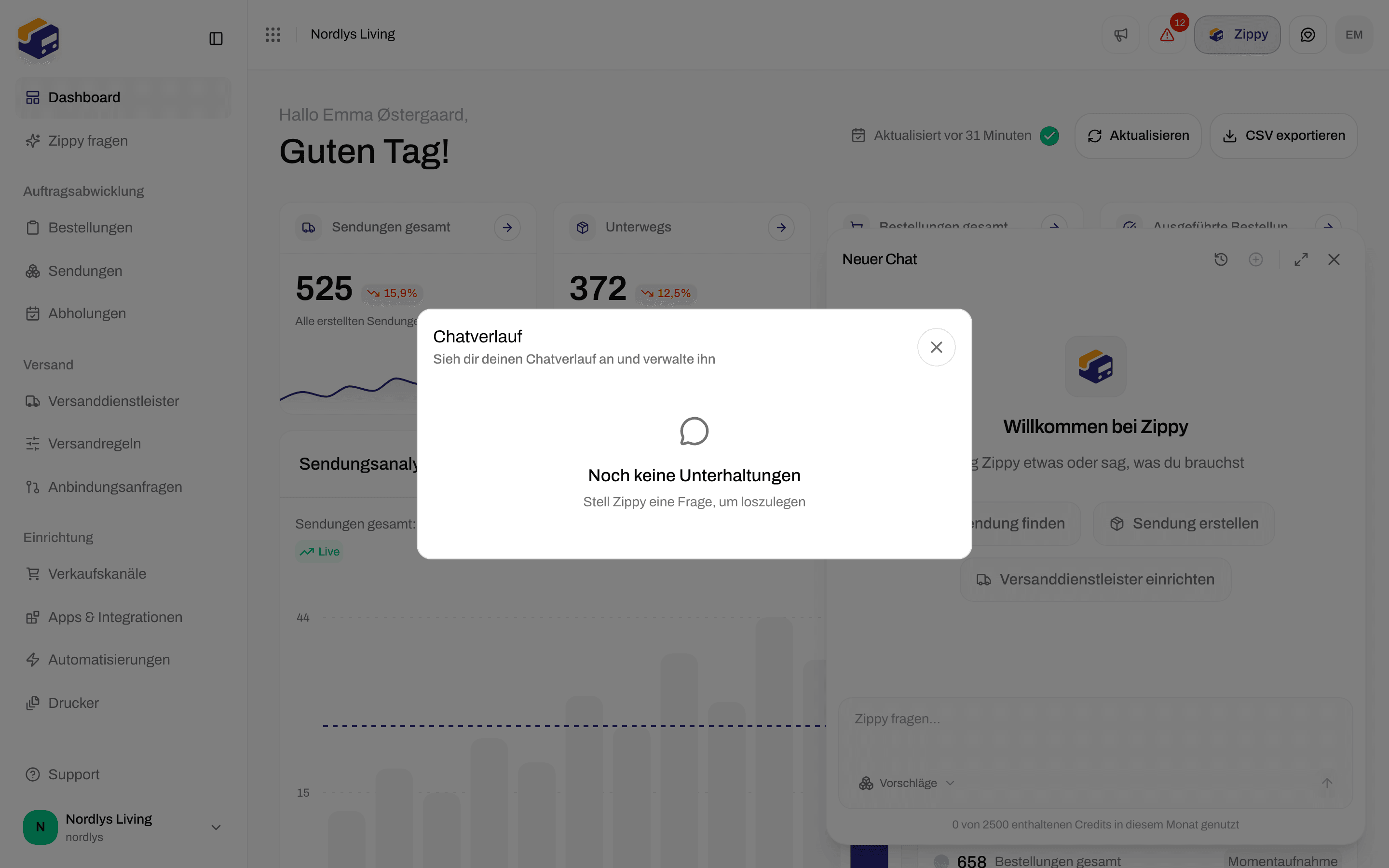 Chatverlauf mit Noch keine Unterhaltungen und Stell Zippy eine Frage, um loszulegen