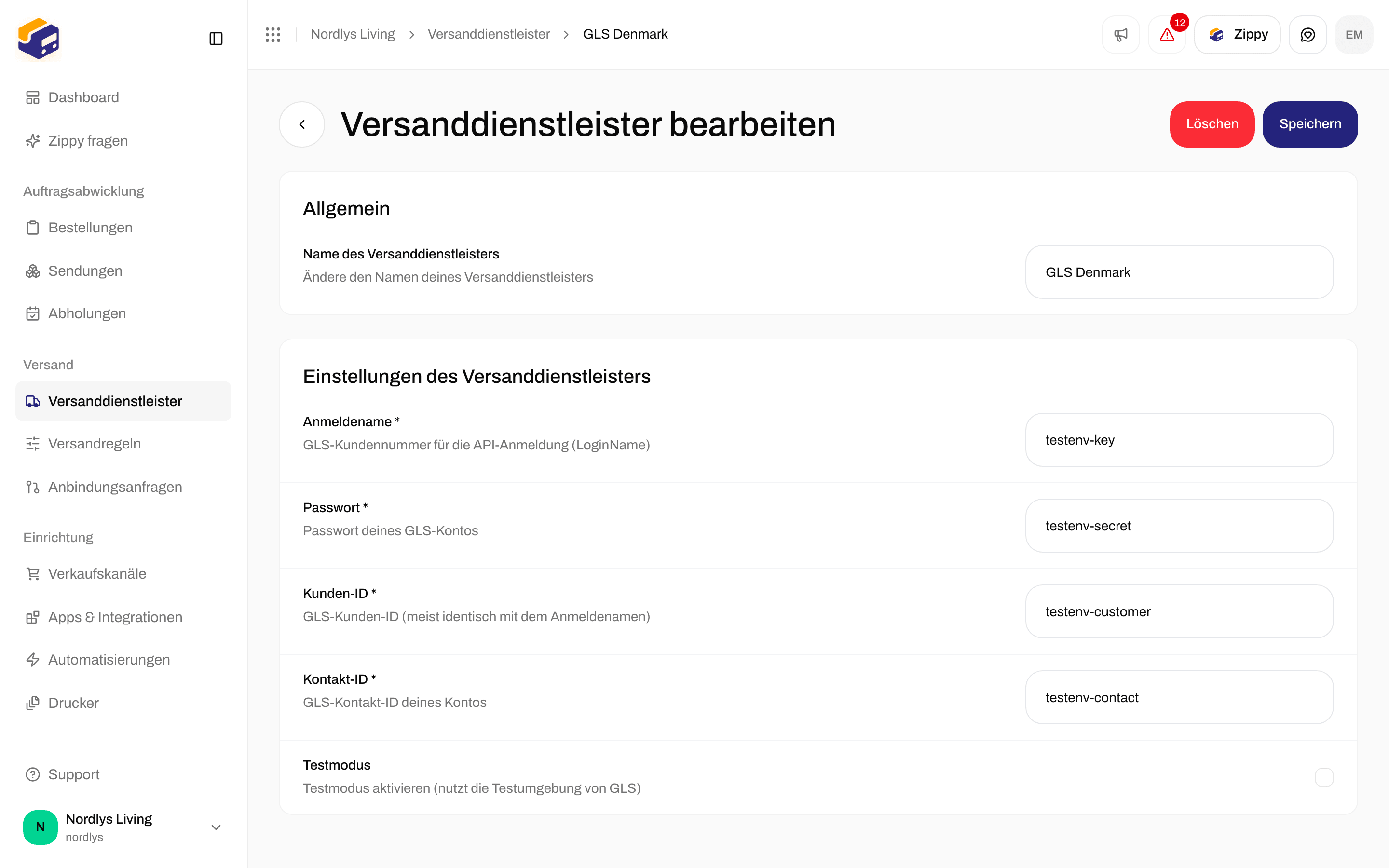 Versanddienstleister bearbeiten für GLS Denmark mit Anmeldename, Passwort, Kunden-ID, Kontakt-ID und Testmodus