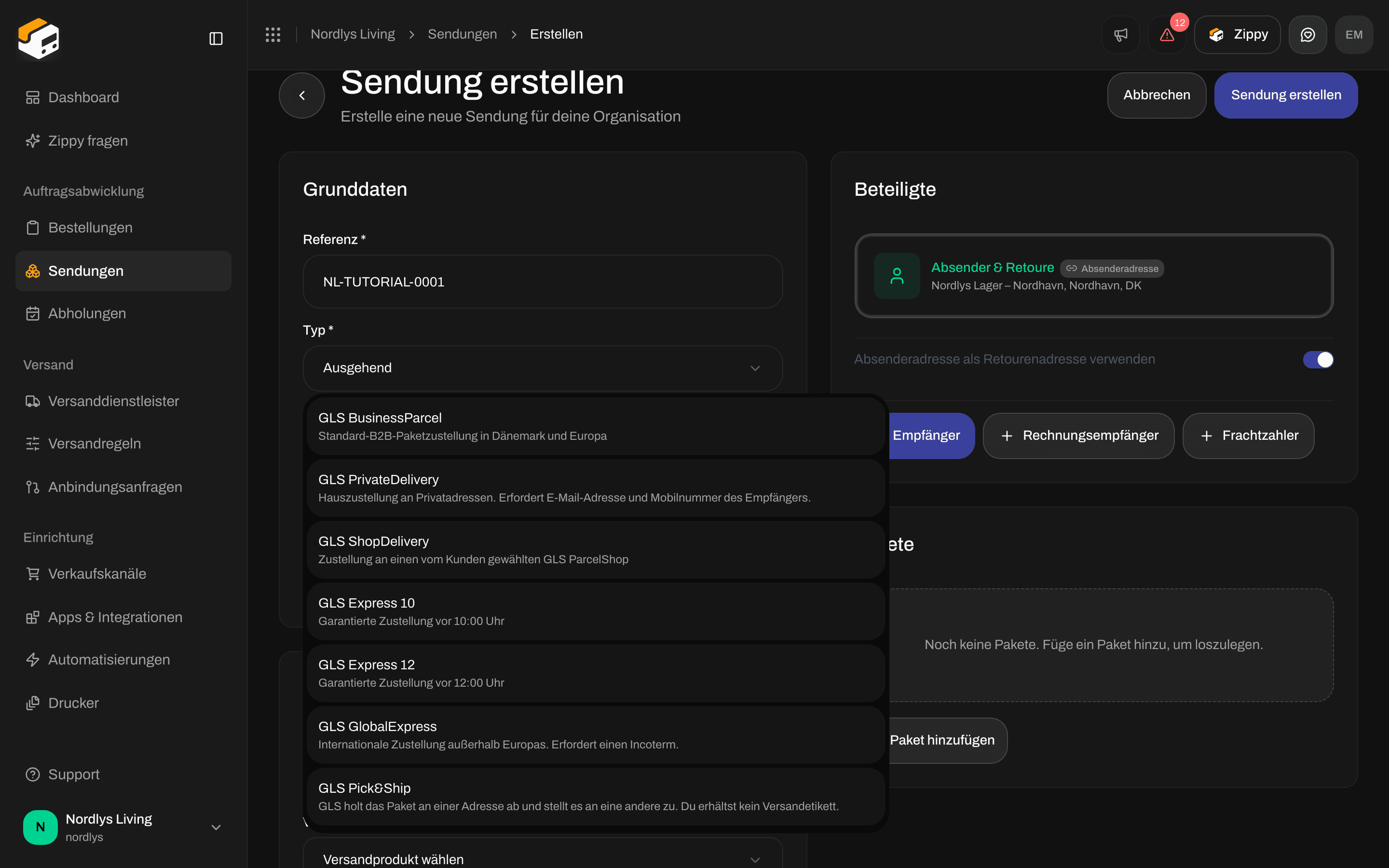Sendung erstellen mit geöffneter Produktliste von GLS Denmark