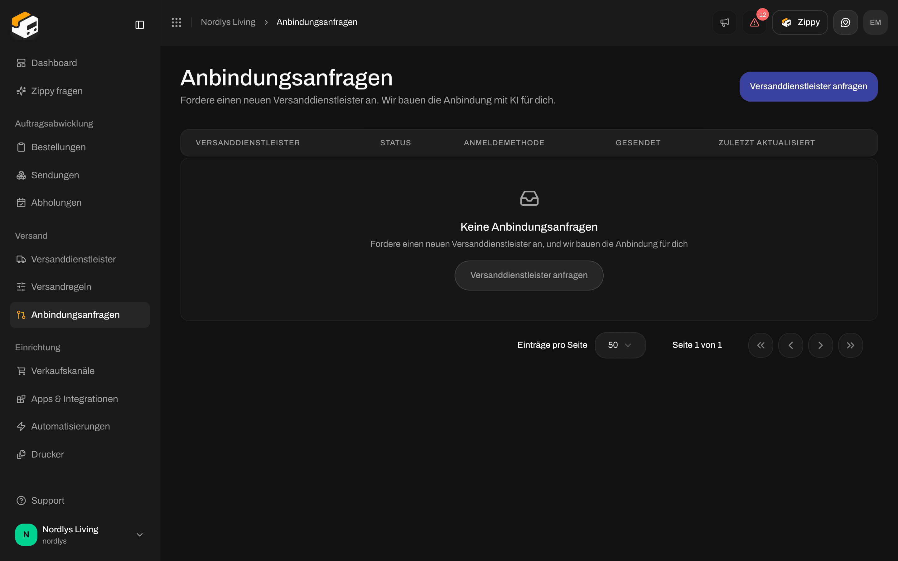 Seite Anbindungsanfragen ohne Anfragen und mit dem Button Versanddienstleister anfragen