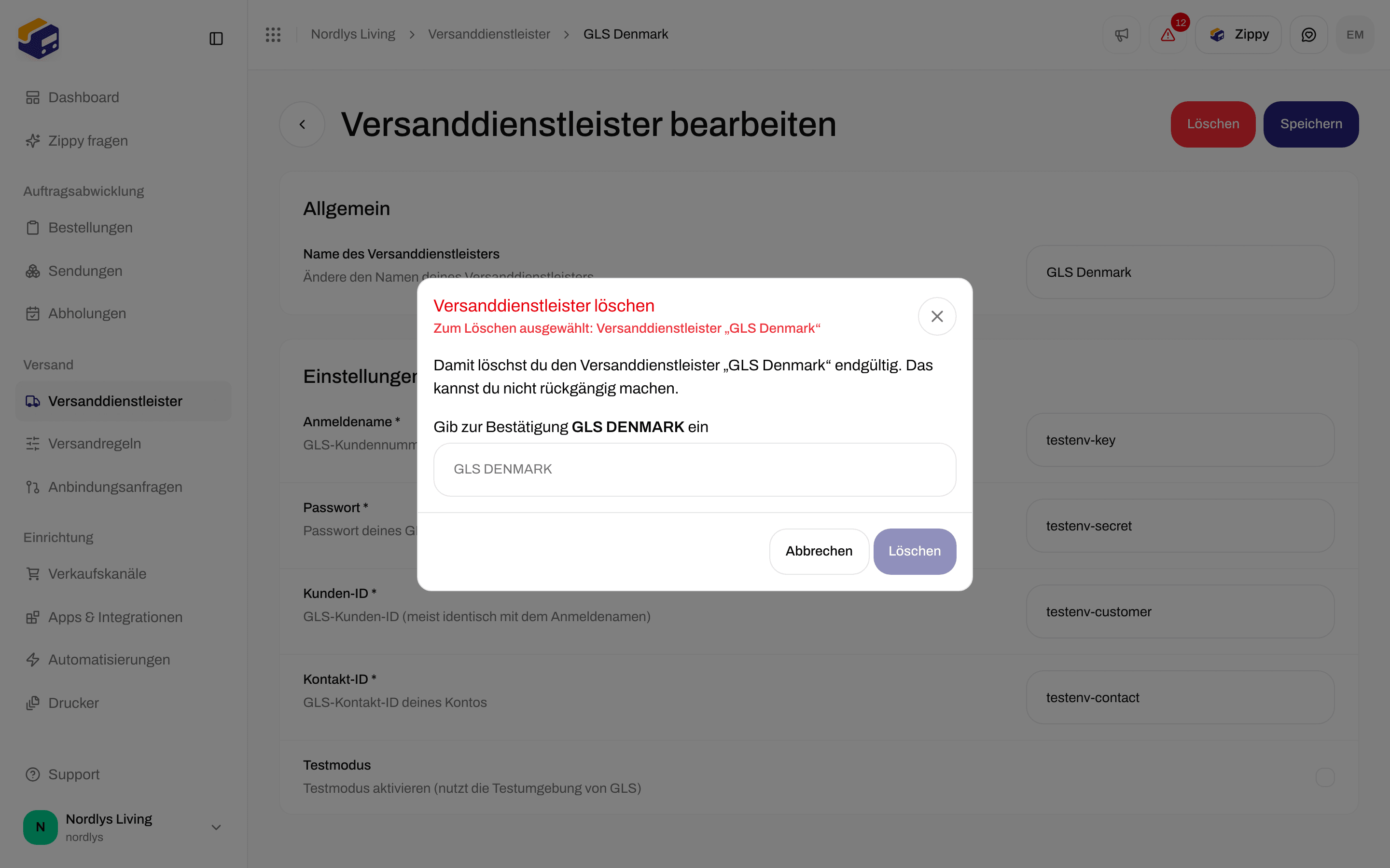 Fenster Versanddienstleister löschen für GLS Denmark mit dem in Großbuchstaben eingegebenen Namen