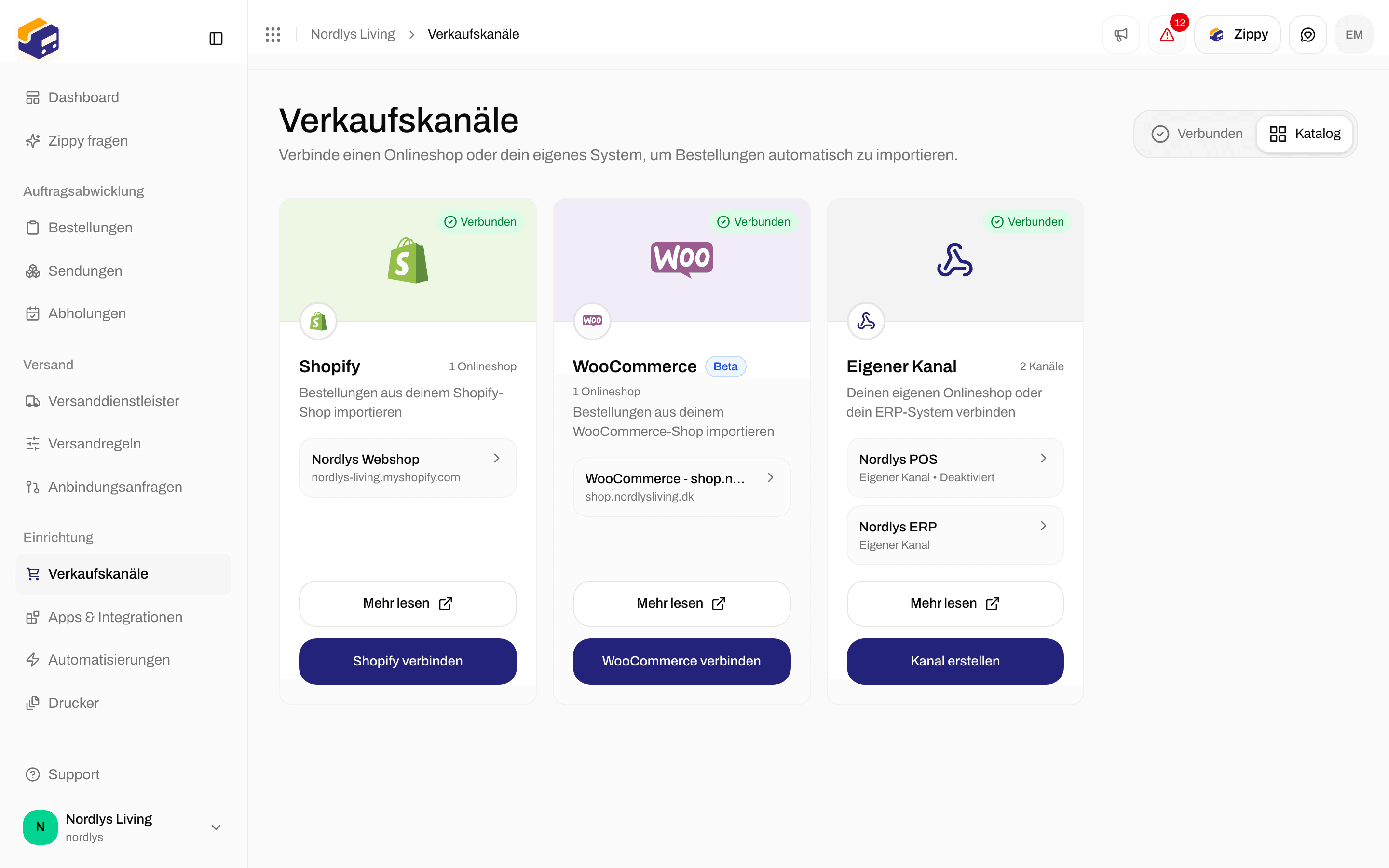 Tab Katalog mit den Schaltflächen Shopify verbinden, WooCommerce verbinden und Kanal erstellen