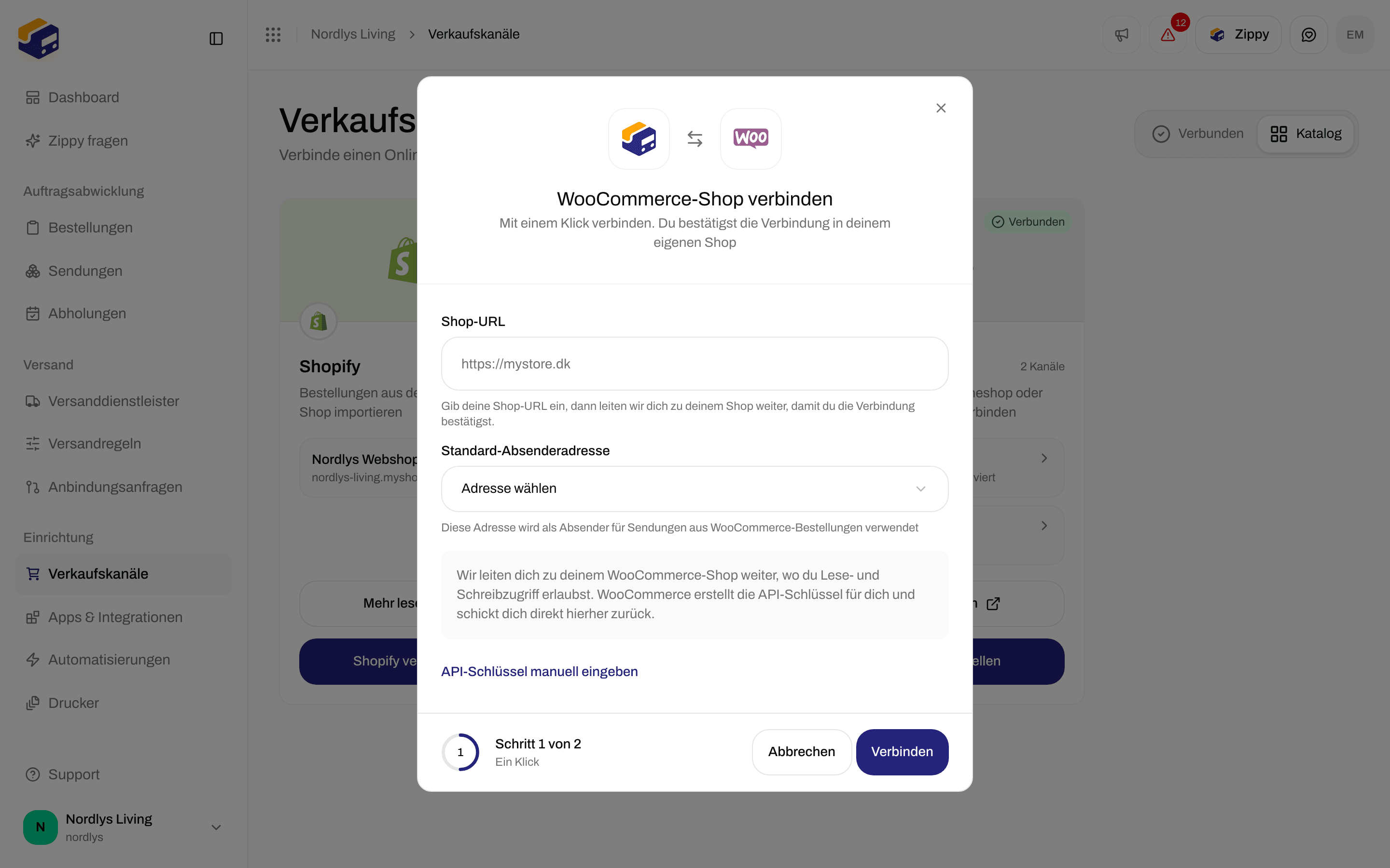 Fenster WooCommerce-Shop verbinden mit Store URL, Standard-Absenderadresse und Verbinden