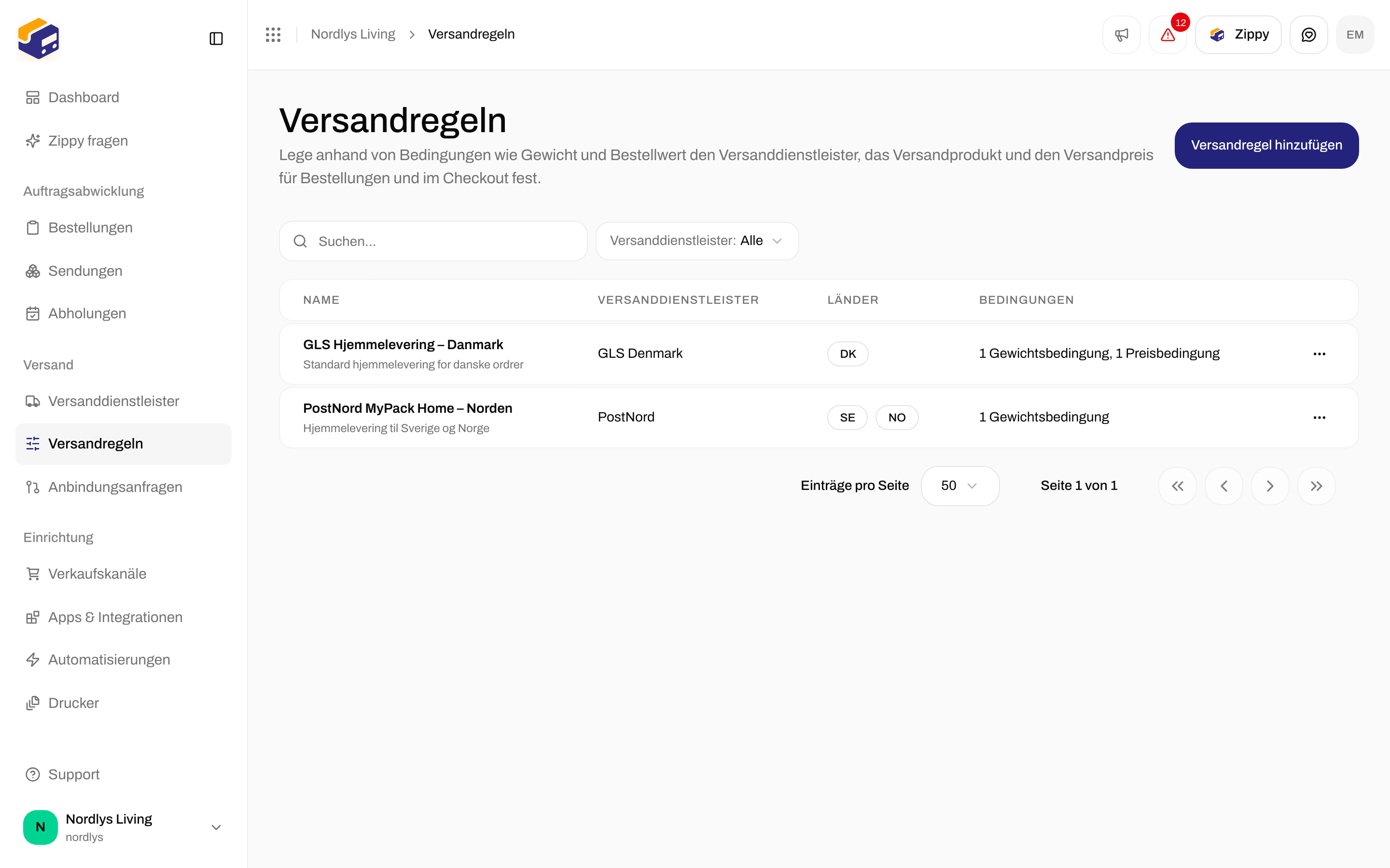 Liste der Versandregeln mit einer GLS-Regel für Hauszustellung in Dänemark und einer PostNord-Regel für Hauszustellung in den nordischen Ländern