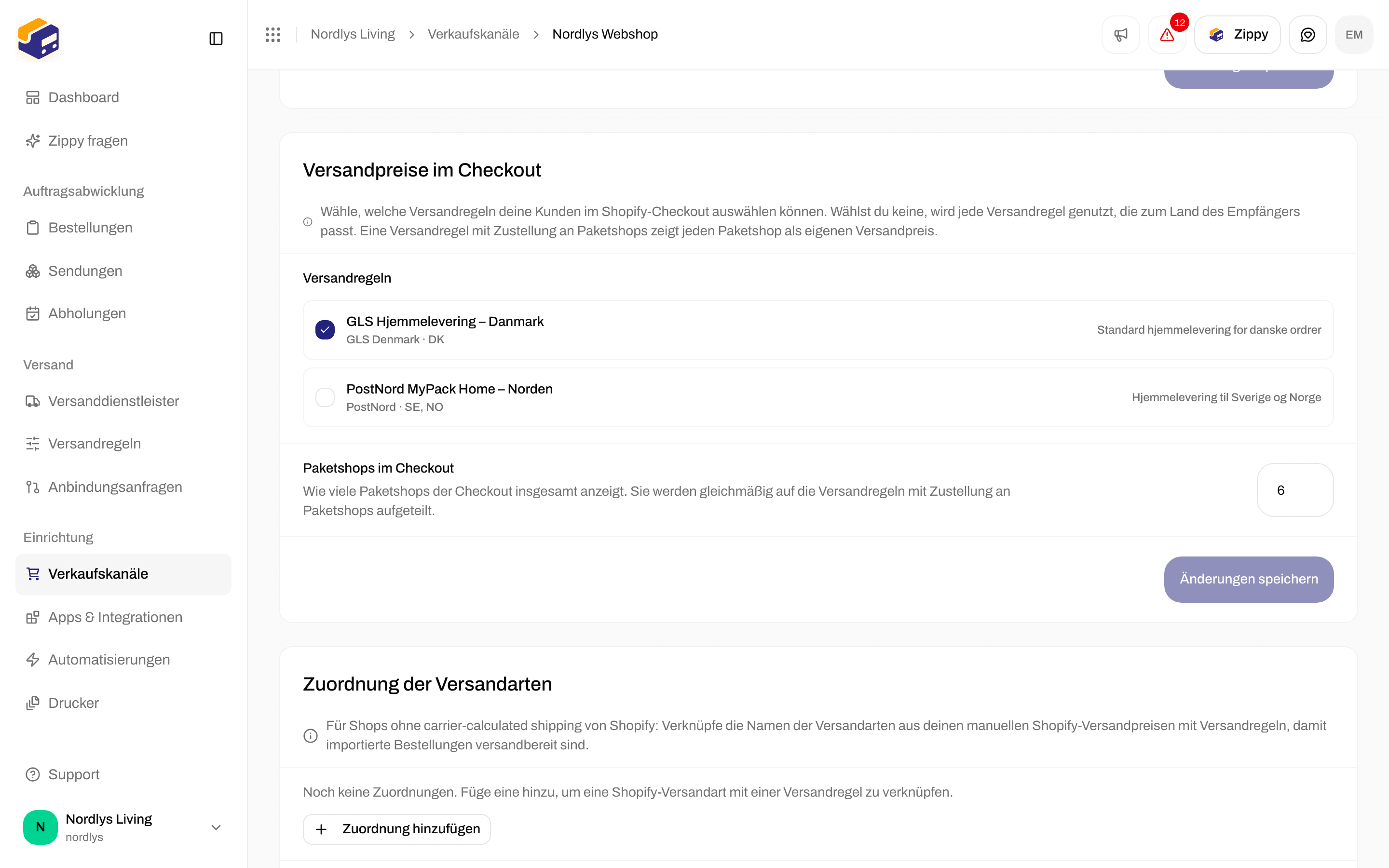 Paketshops im Checkout auf 6 gesetzt, darunter ein leerer Abschnitt Zuordnung der Versandarten