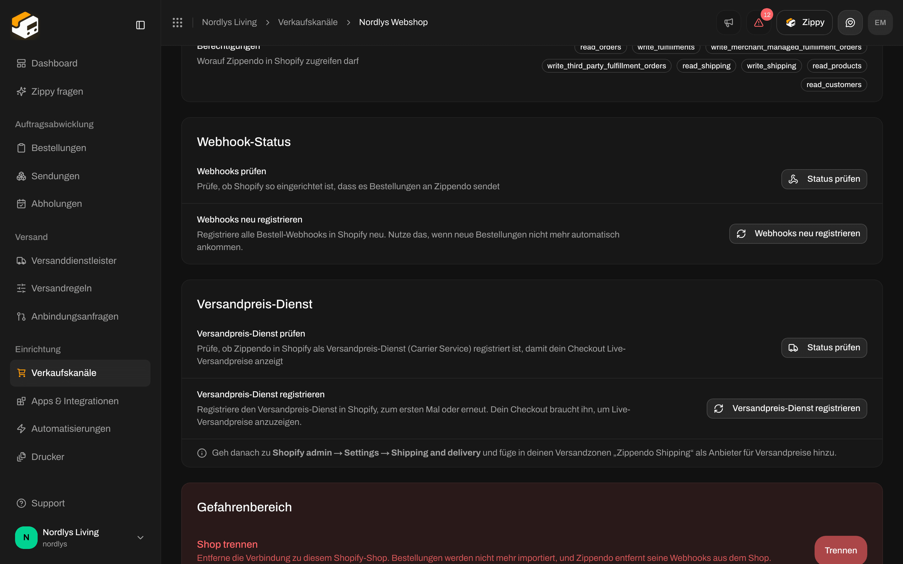 Karte Versandpreis-Dienst mit Status prüfen und Versandpreis-Dienst registrieren, darunter der Gefahrenbereich