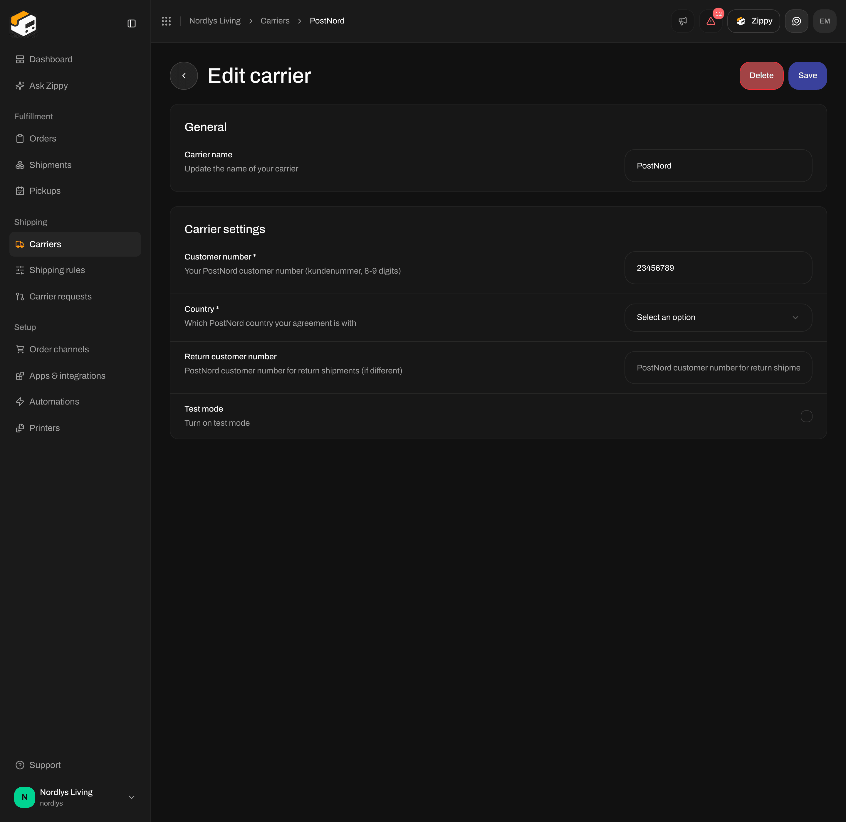 Edit carrier page for PostNord with Customer number, Country, Return customer number and Test mode