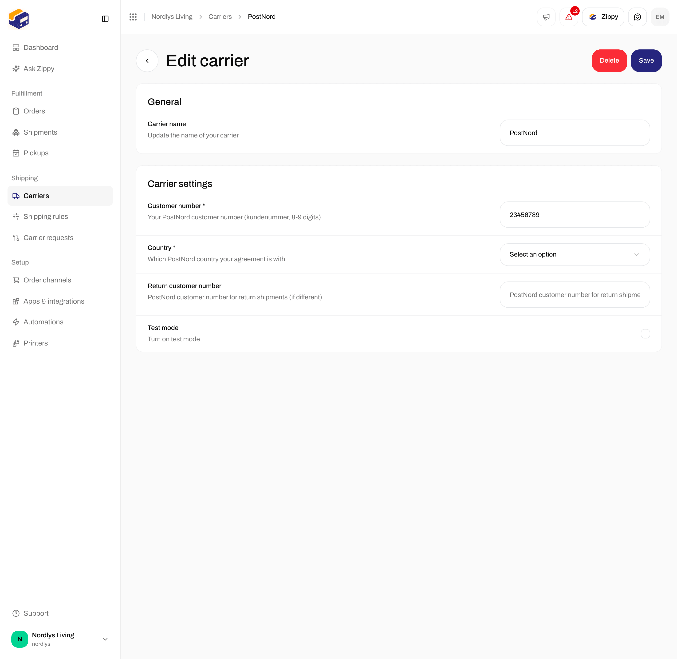 Edit carrier page for PostNord with Customer number, Country, Return customer number and Test mode