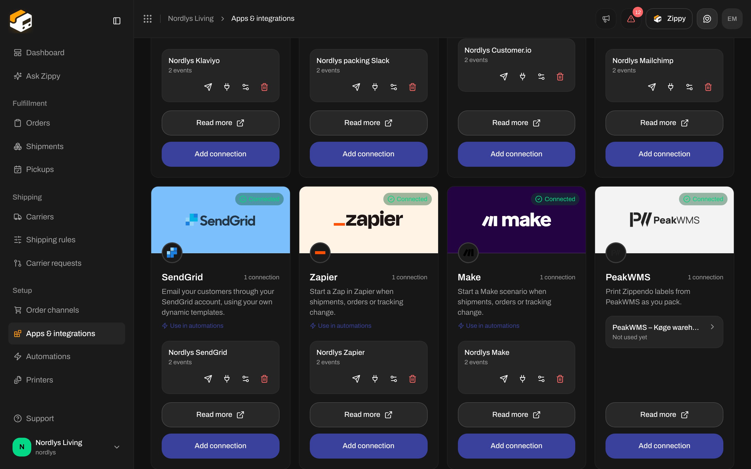 Connected tab with a SendGrid connection and the test, delivery log, edit and delete icons