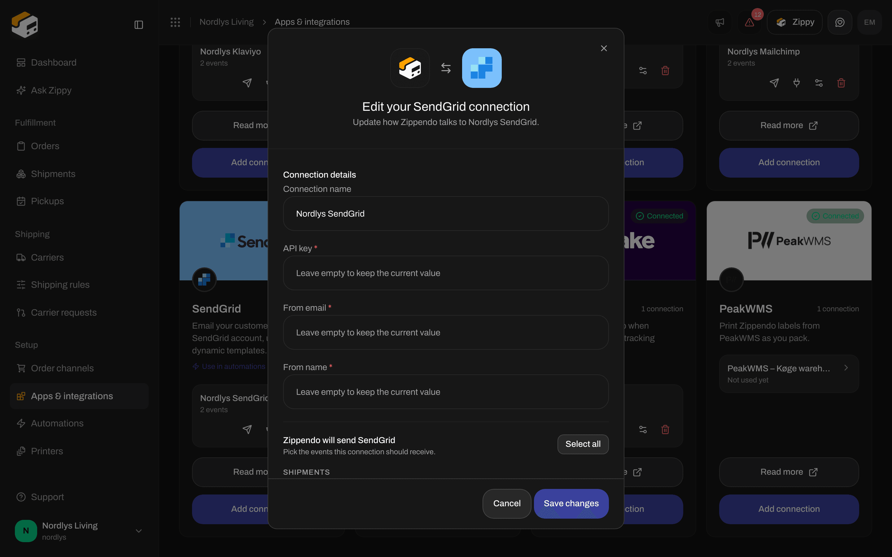Edit window for a SendGrid connection with the connection name, empty API key, From email and From name fields and the events