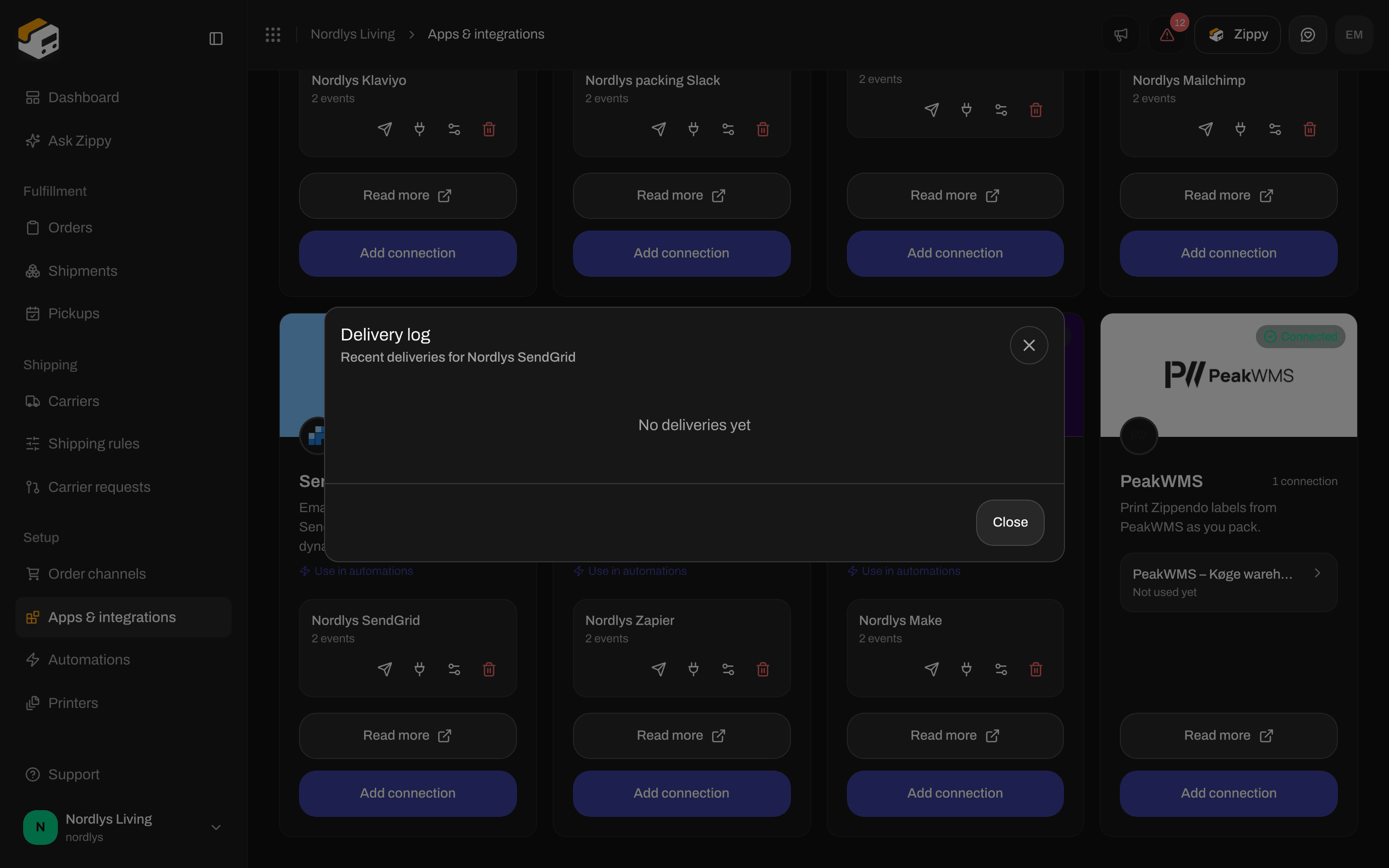Delivery log window for a SendGrid connection saying No deliveries yet
