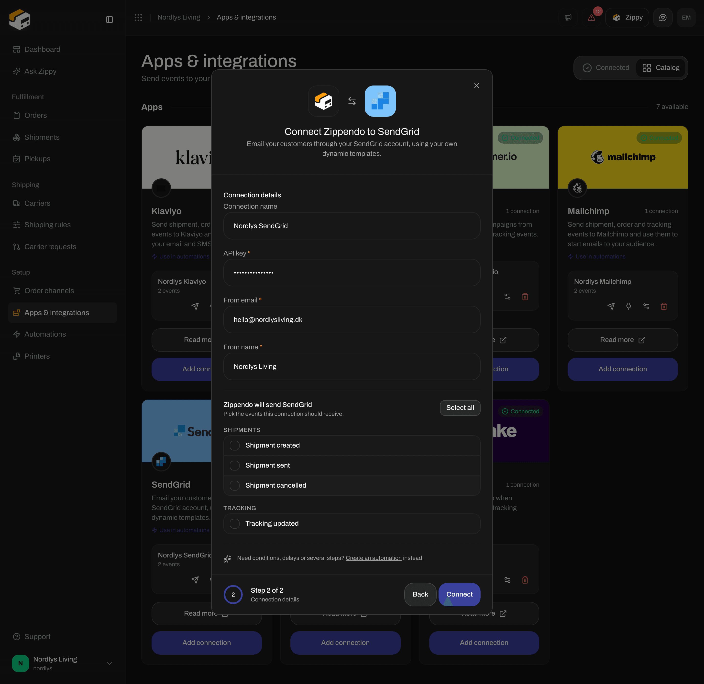 SendGrid connection window scrolled to the event checkboxes, including Tracking updated