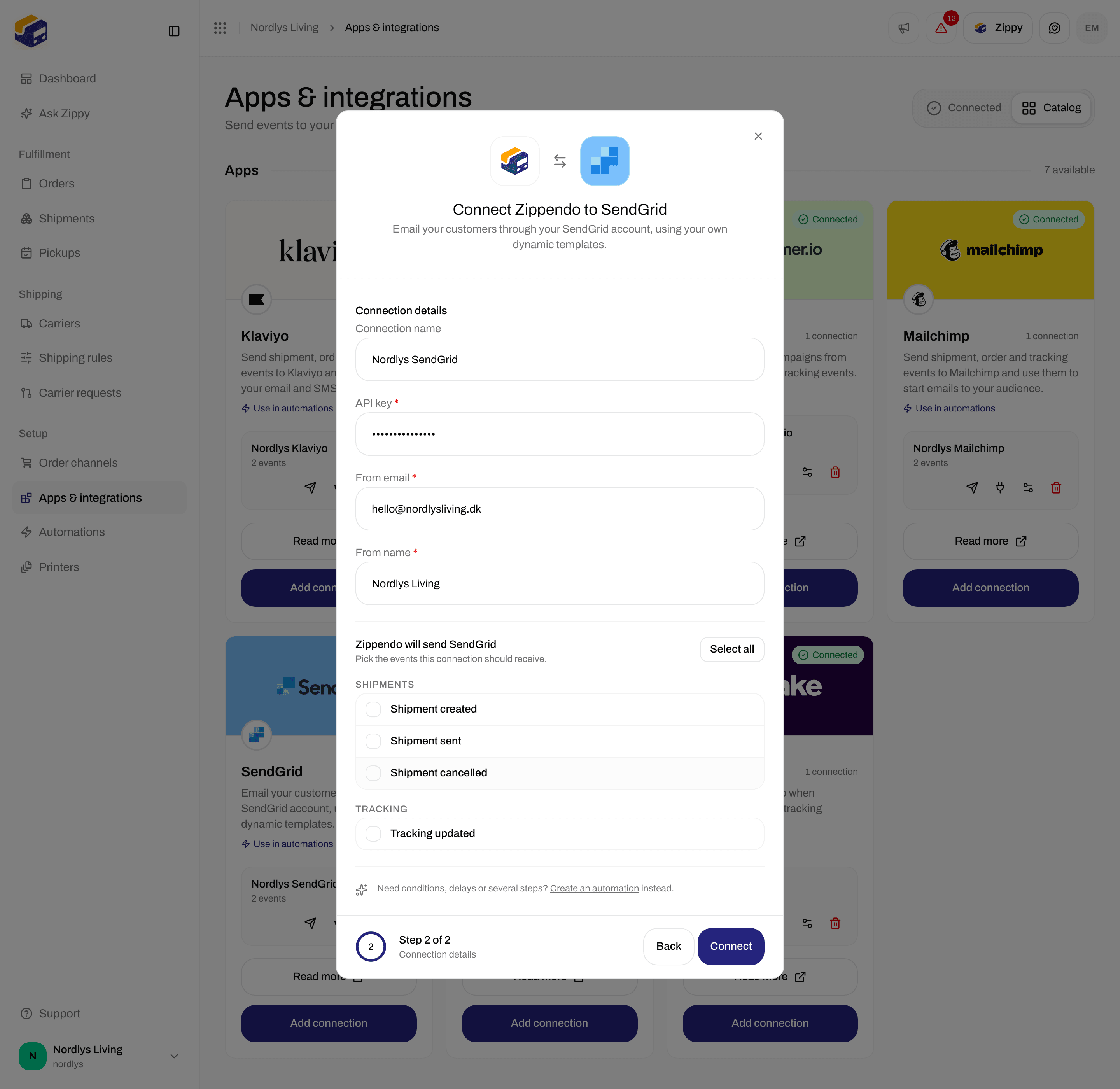 SendGrid connection window scrolled to the event checkboxes, including Tracking updated