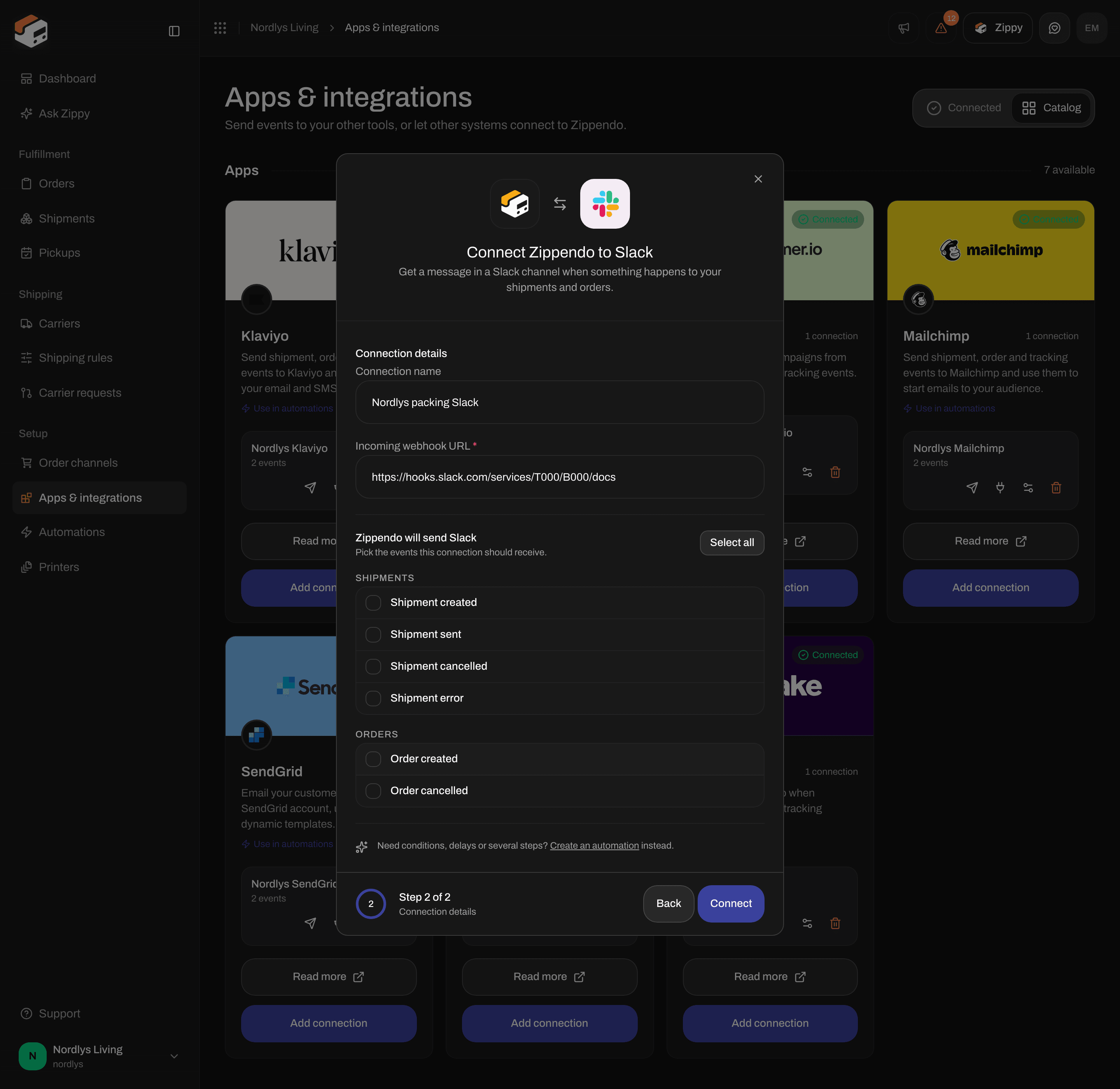 Connection window for Slack with a connection name, the Incoming webhook URL and event checkboxes