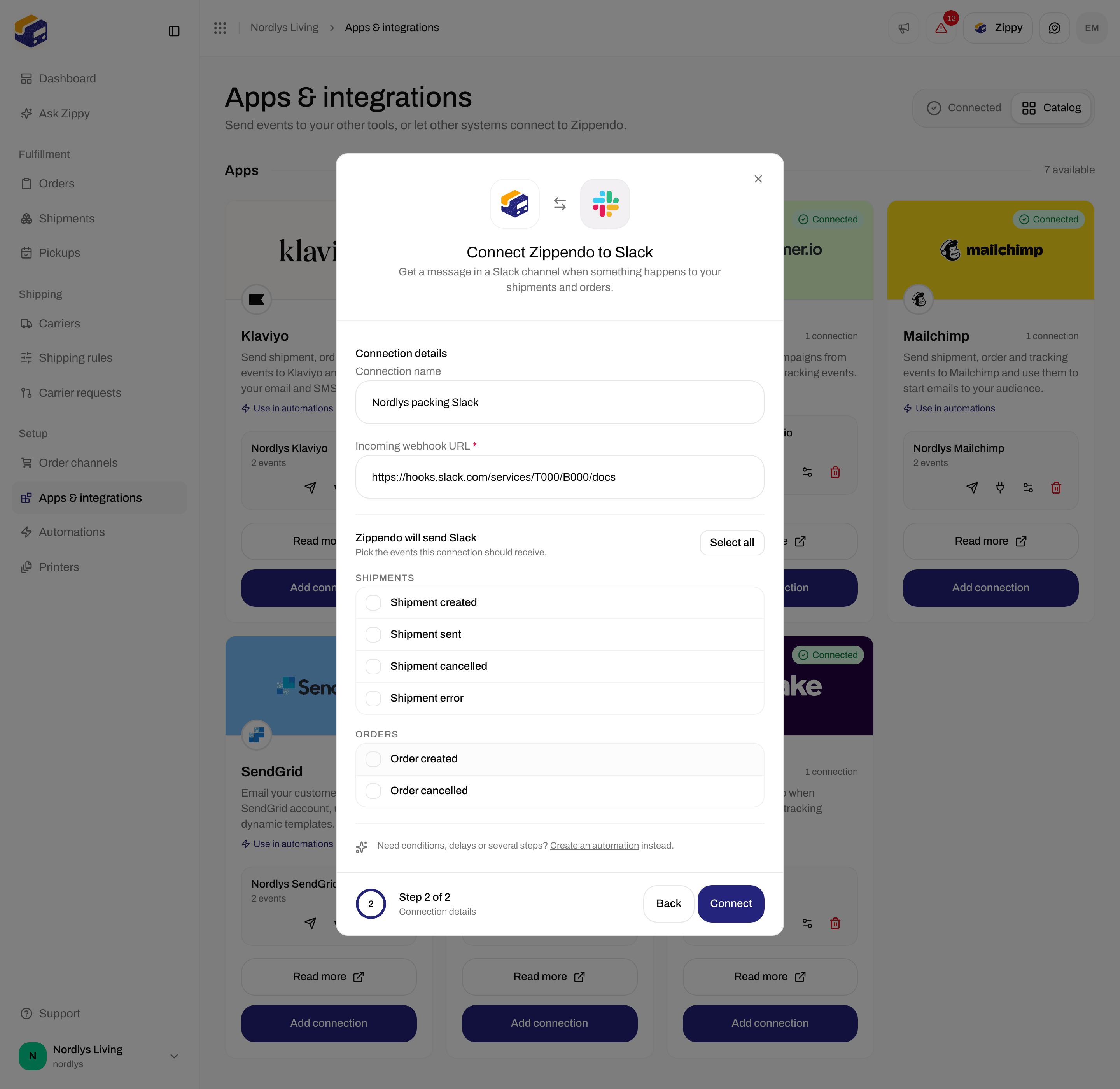 Connection window for Slack with a connection name, the Incoming webhook URL and event checkboxes