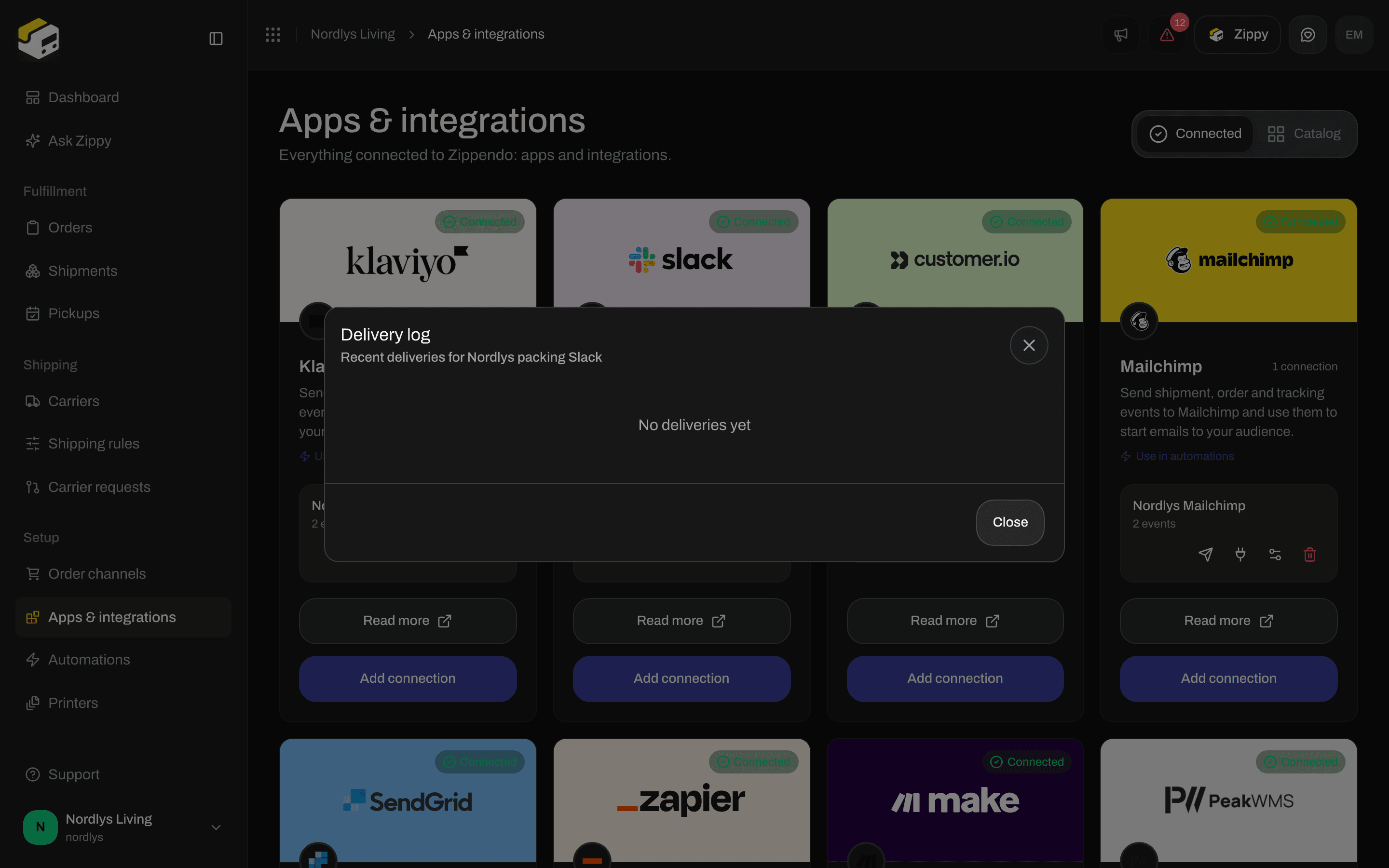 Delivery log window for a Slack connection saying No deliveries yet