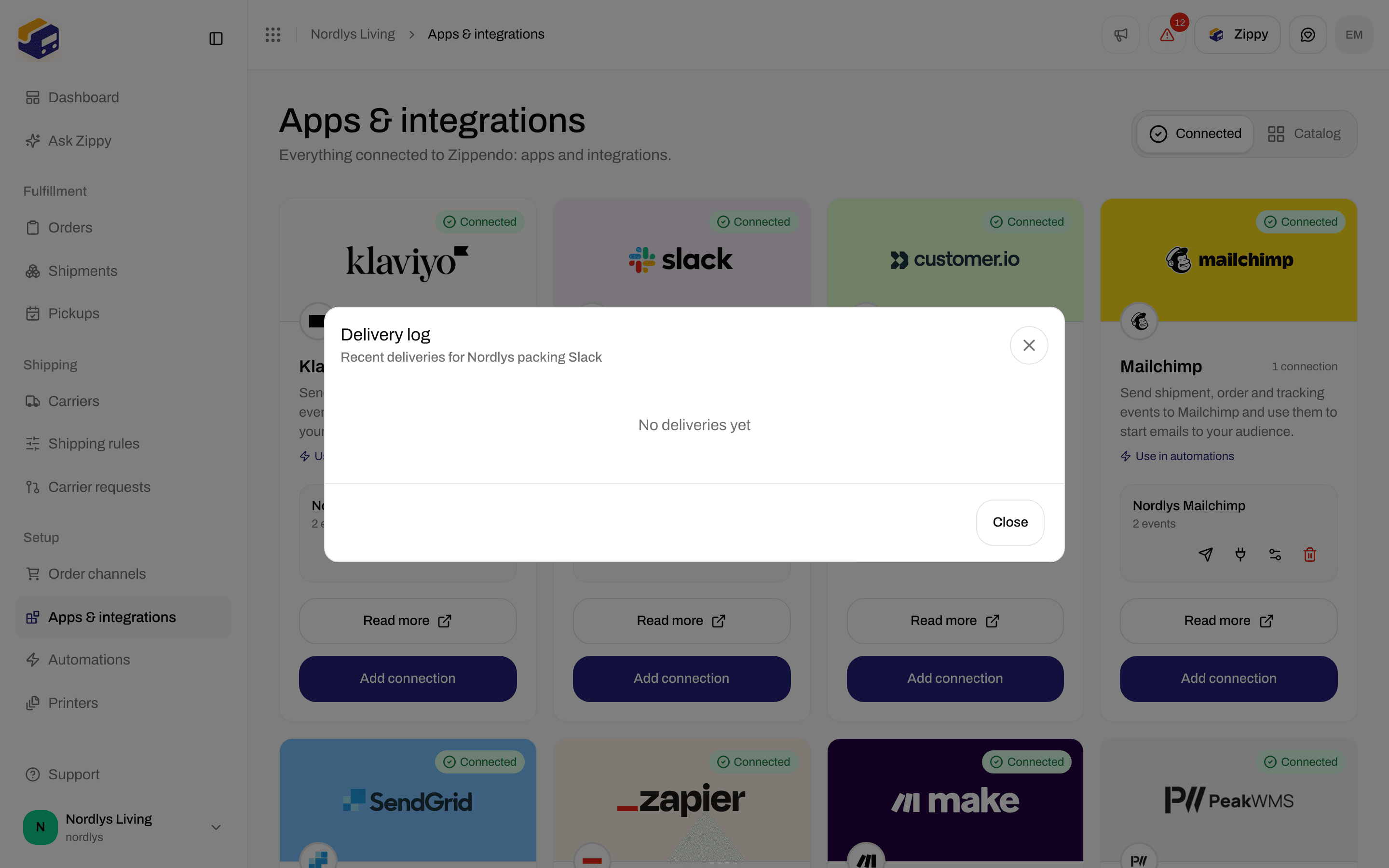 Delivery log window for a Slack connection saying No deliveries yet