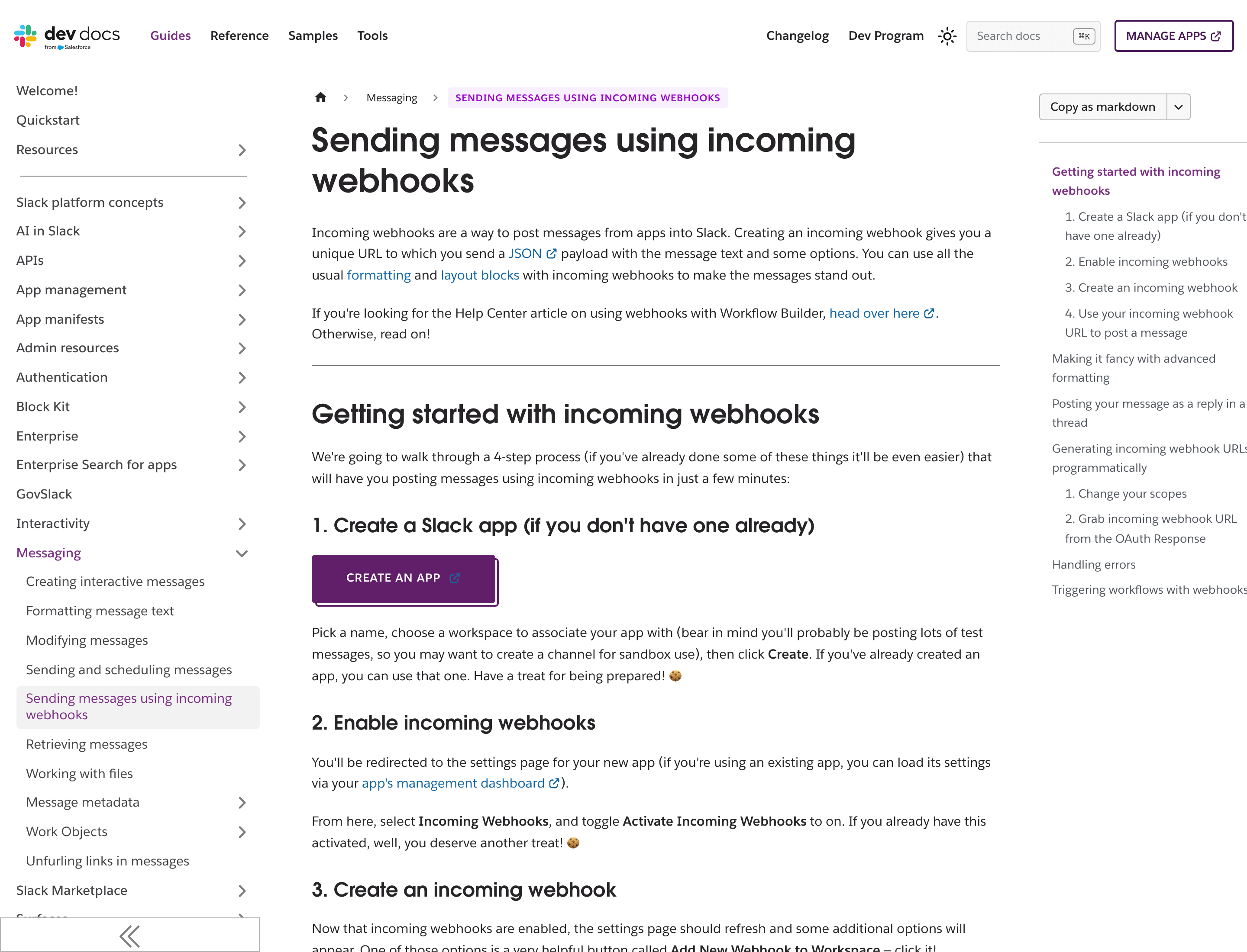 Slacks udviklerguide til at sende beskeder med indgående webhooks, med trinnene til at oprette en app og slå indgående webhooks til