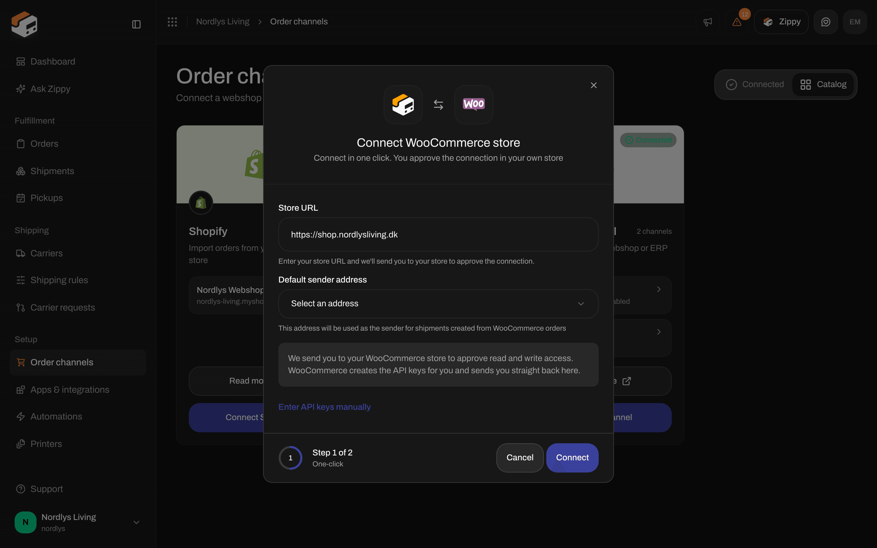 Connect WooCommerce store window on the One-click step with Store URL, Default sender address, Connect and Enter API keys manually