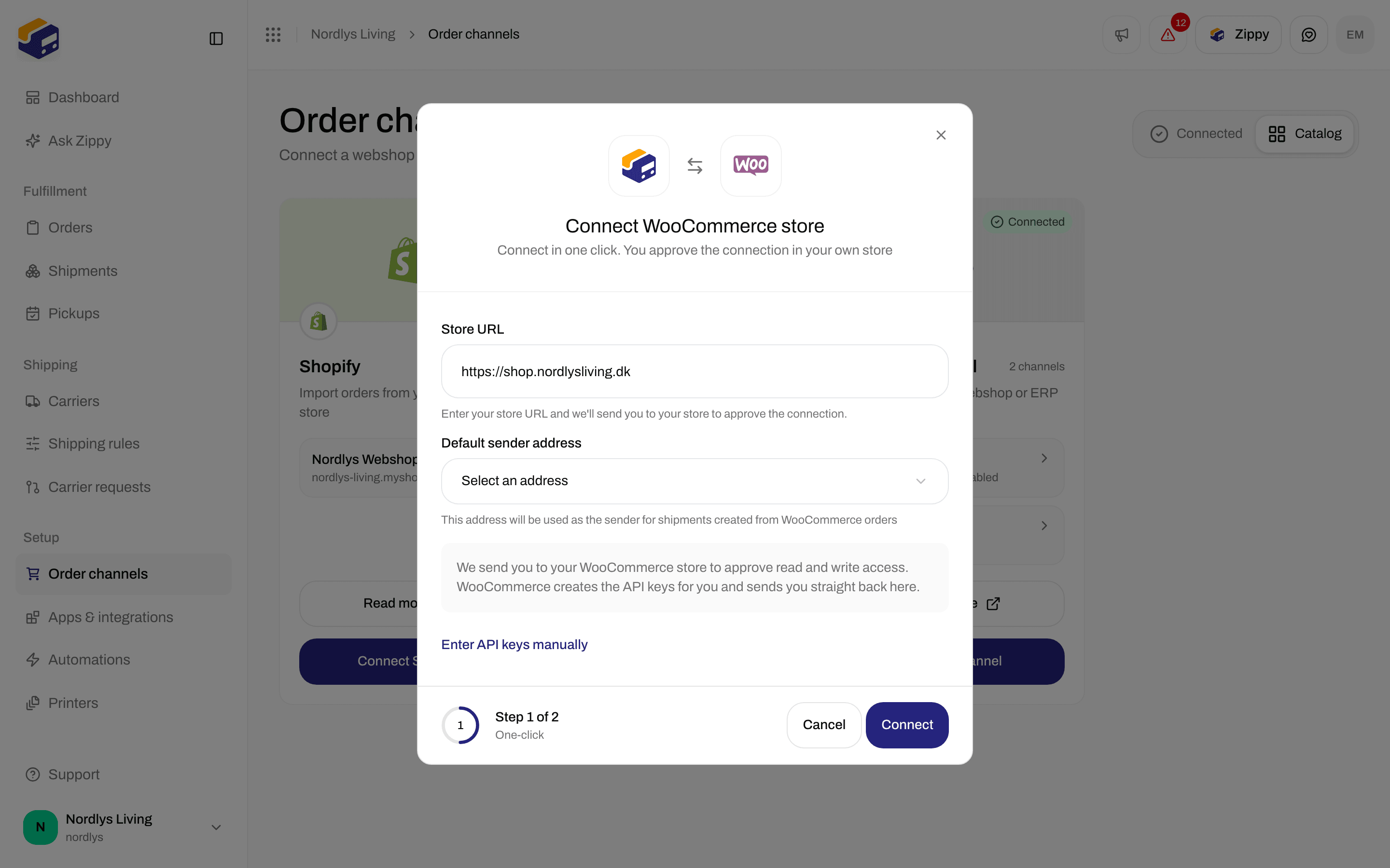 Connect WooCommerce store window on the One-click step with Store URL, Default sender address, Connect and Enter API keys manually