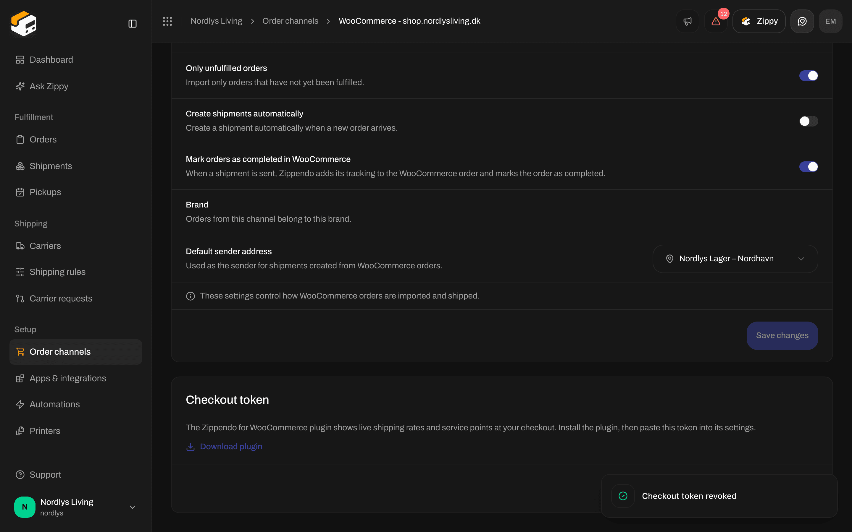 WooCommerce Orders & checkout tab with order sync switches, Brand and Default sender address