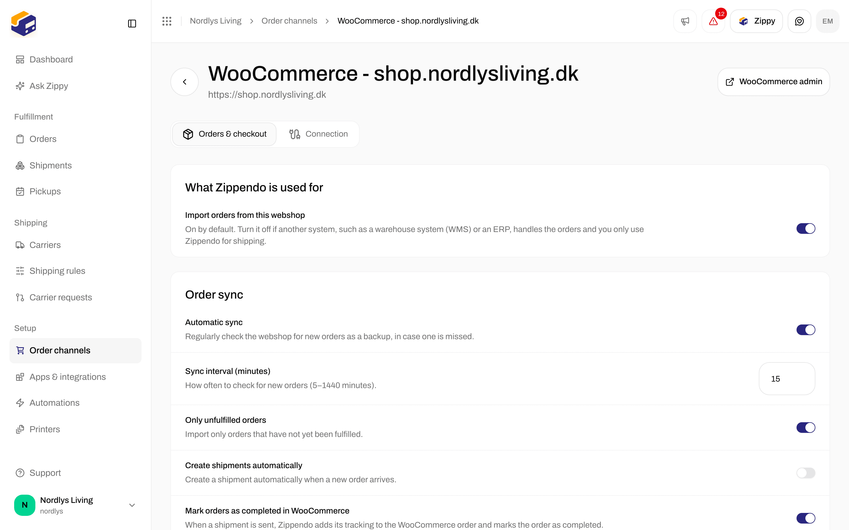 WooCommerce Orders & checkout tab with order sync switches, Brand and Default sender address