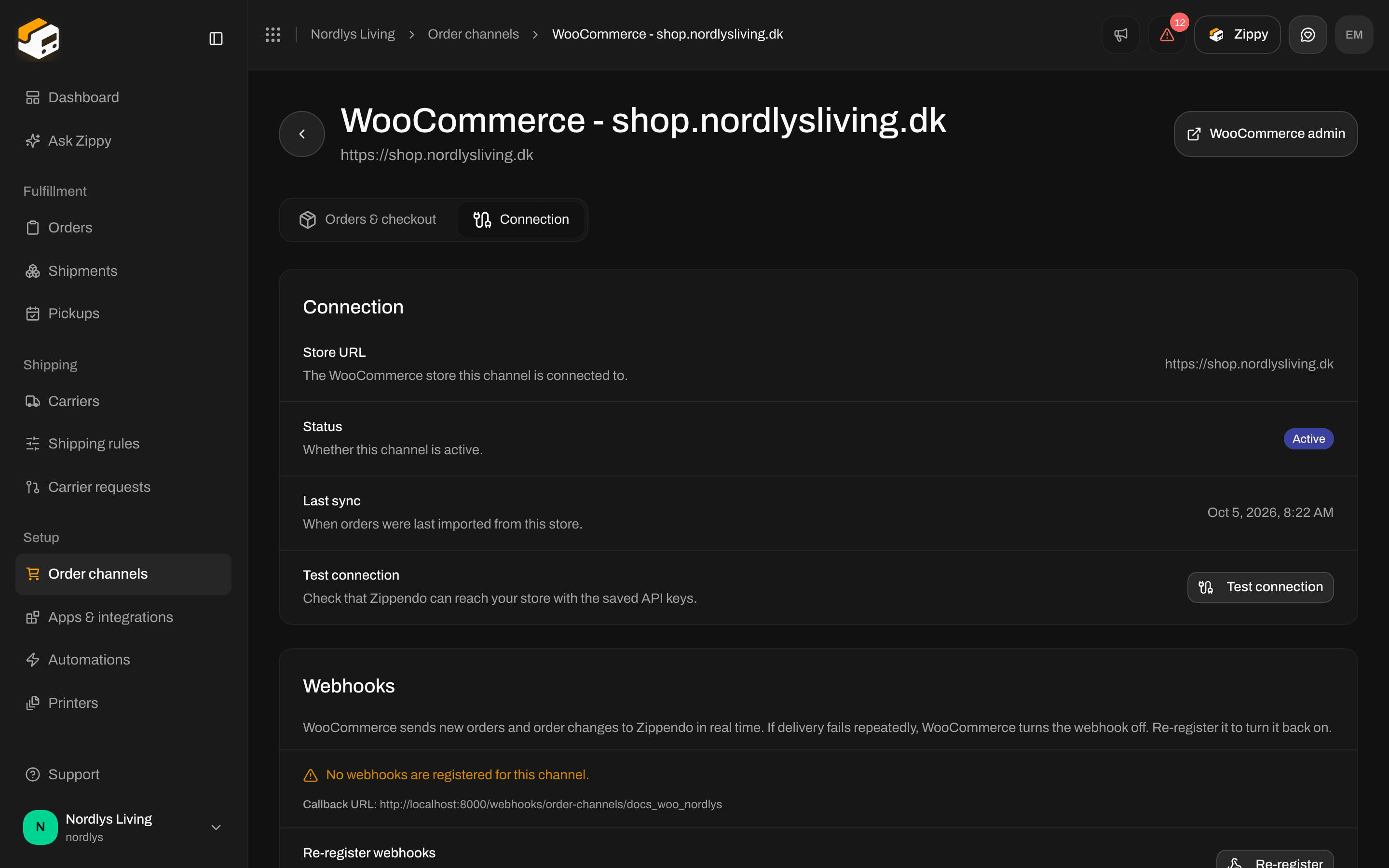 WooCommerce Connection tab with Store URL, Status, Last sync and Test connection