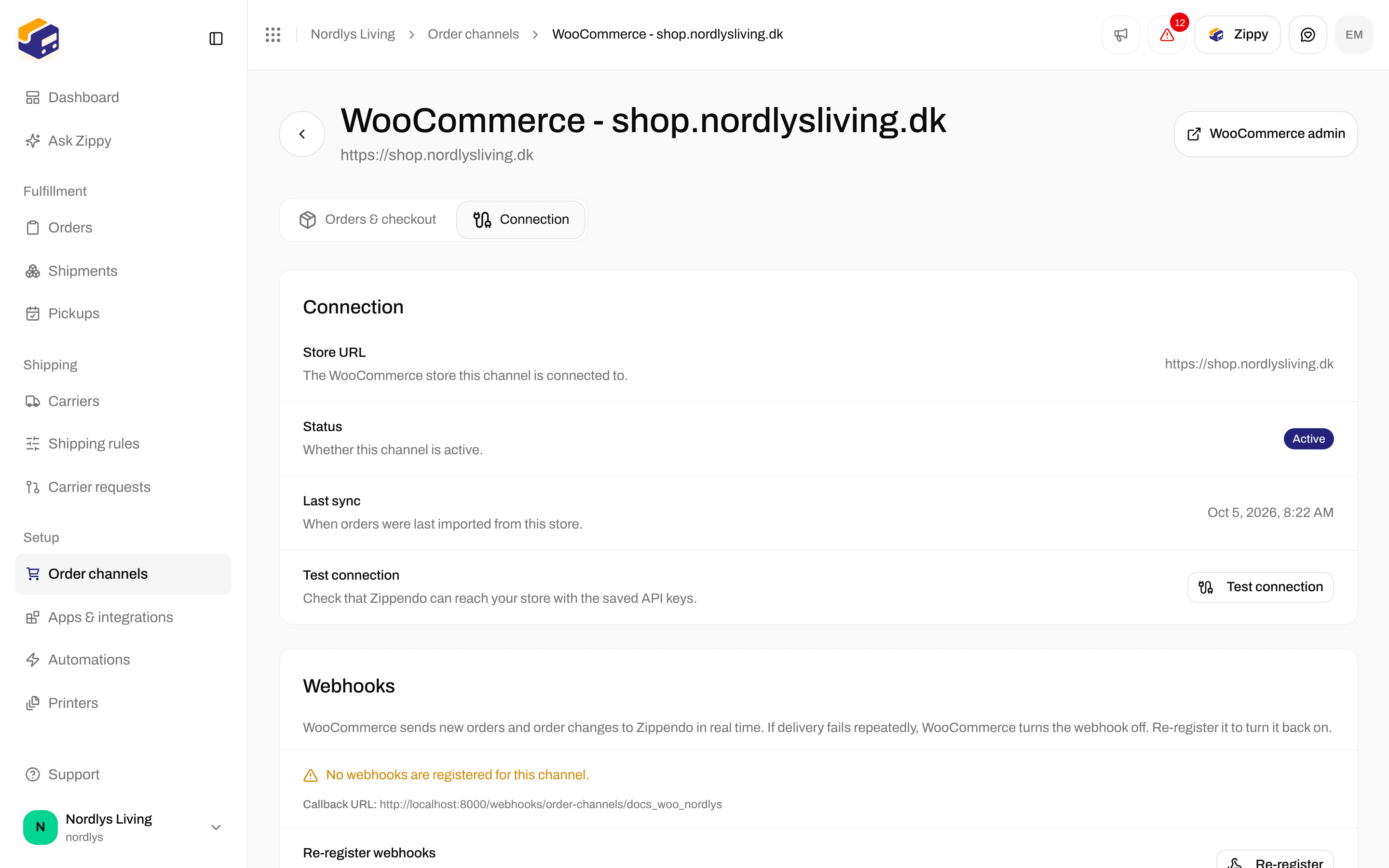 WooCommerce Connection tab with Store URL, Status, Last sync and Test connection