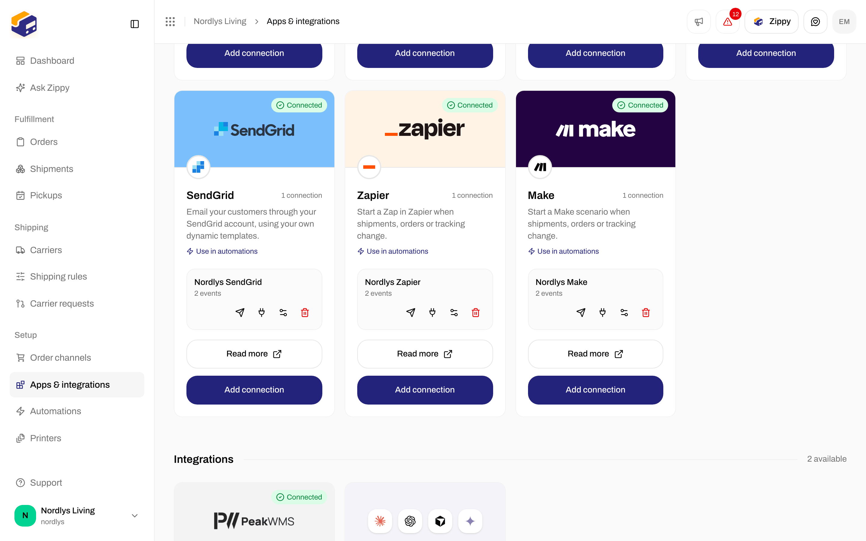 Catalog with the Zapier card and its Use in automations, Read more and Connect buttons